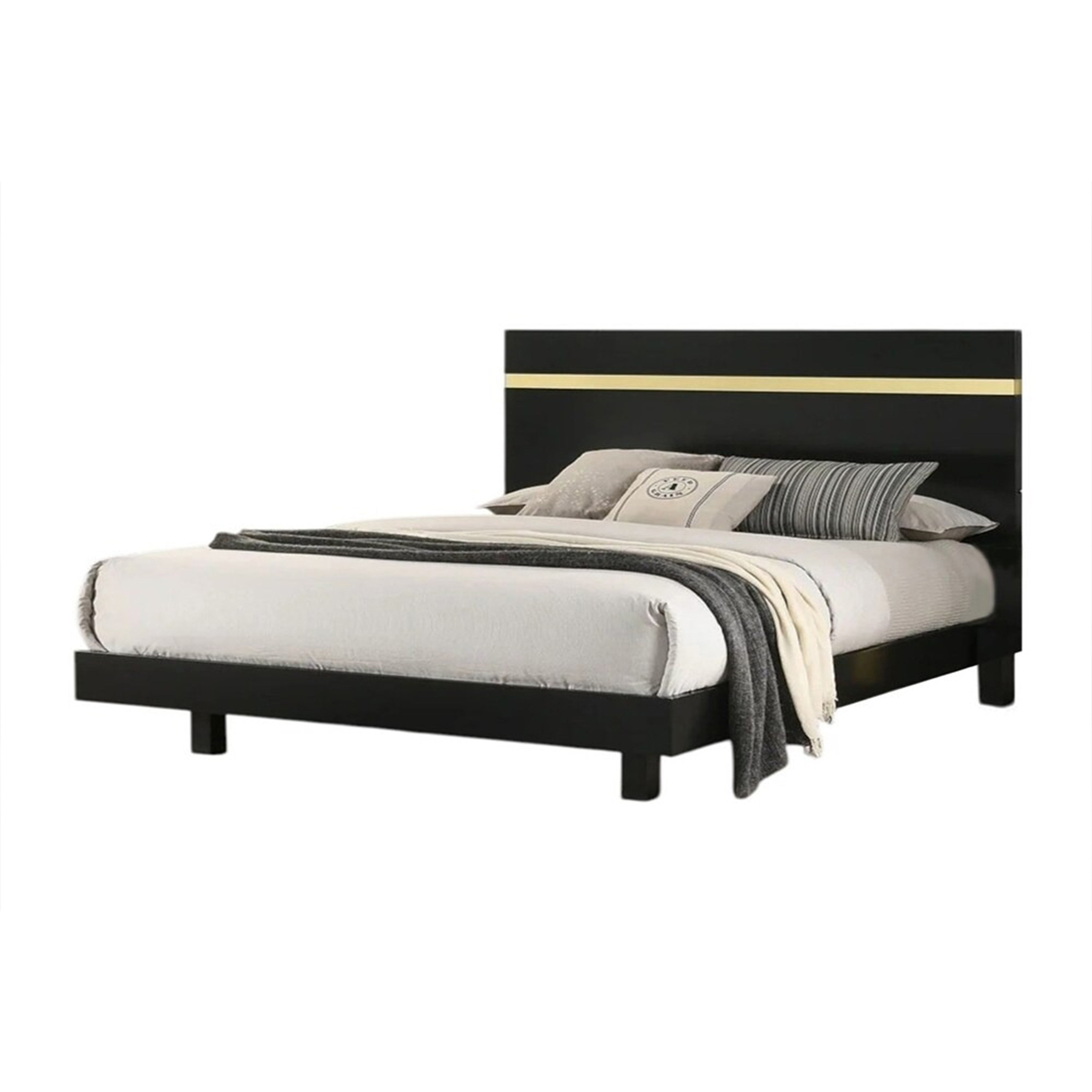Yoki Queen Size Bed W Underbed Led Acrylic Gold Trim Black Frame