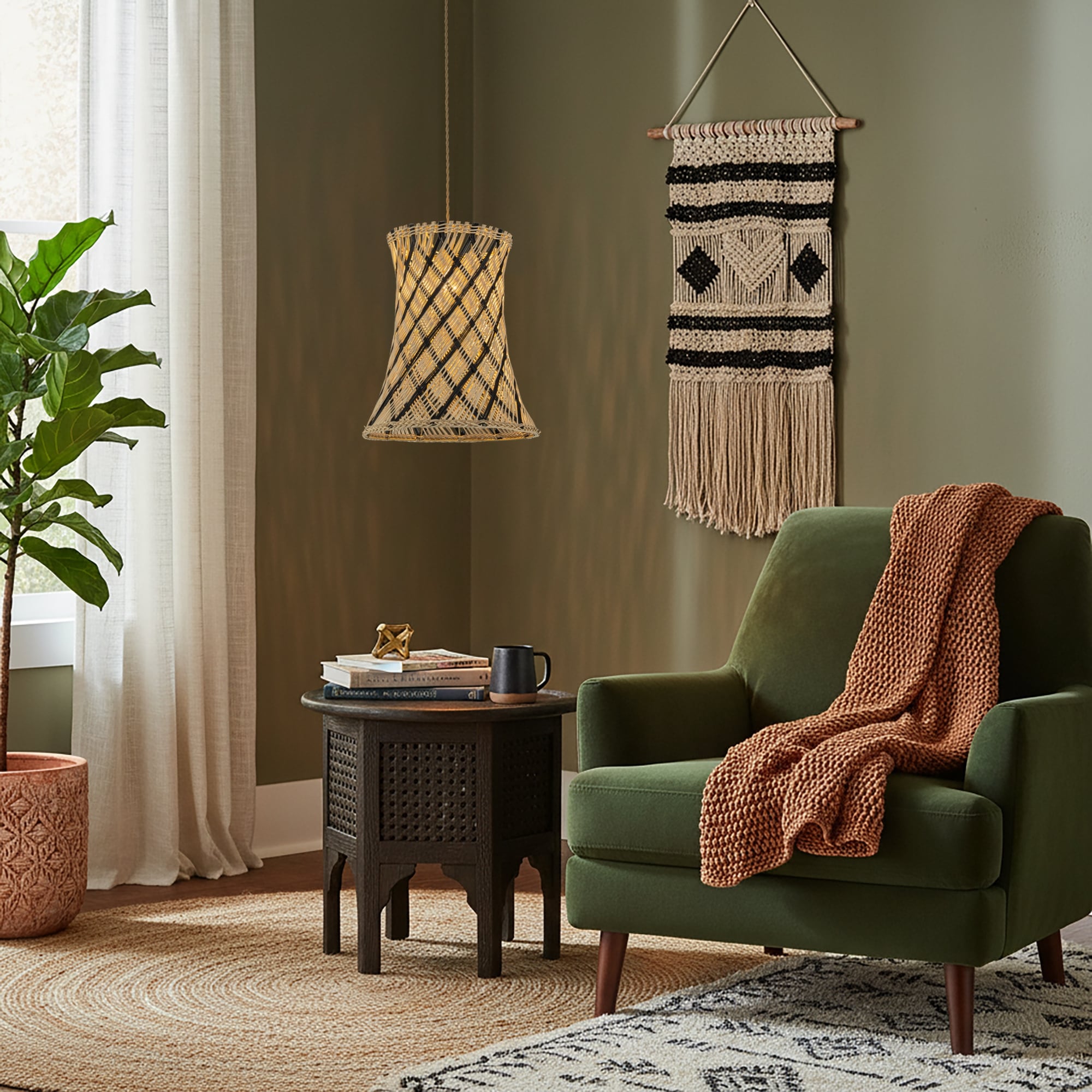 Yori 1 Light Rattan Hourglass Pendant Coastal Boho Handwoven 14 Wide