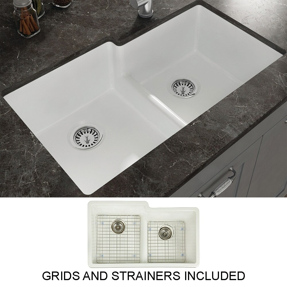 Yorkshire Fireclay 33 X 19.7 Square Double Bowl Undermount Kitchen Sink With Strainer