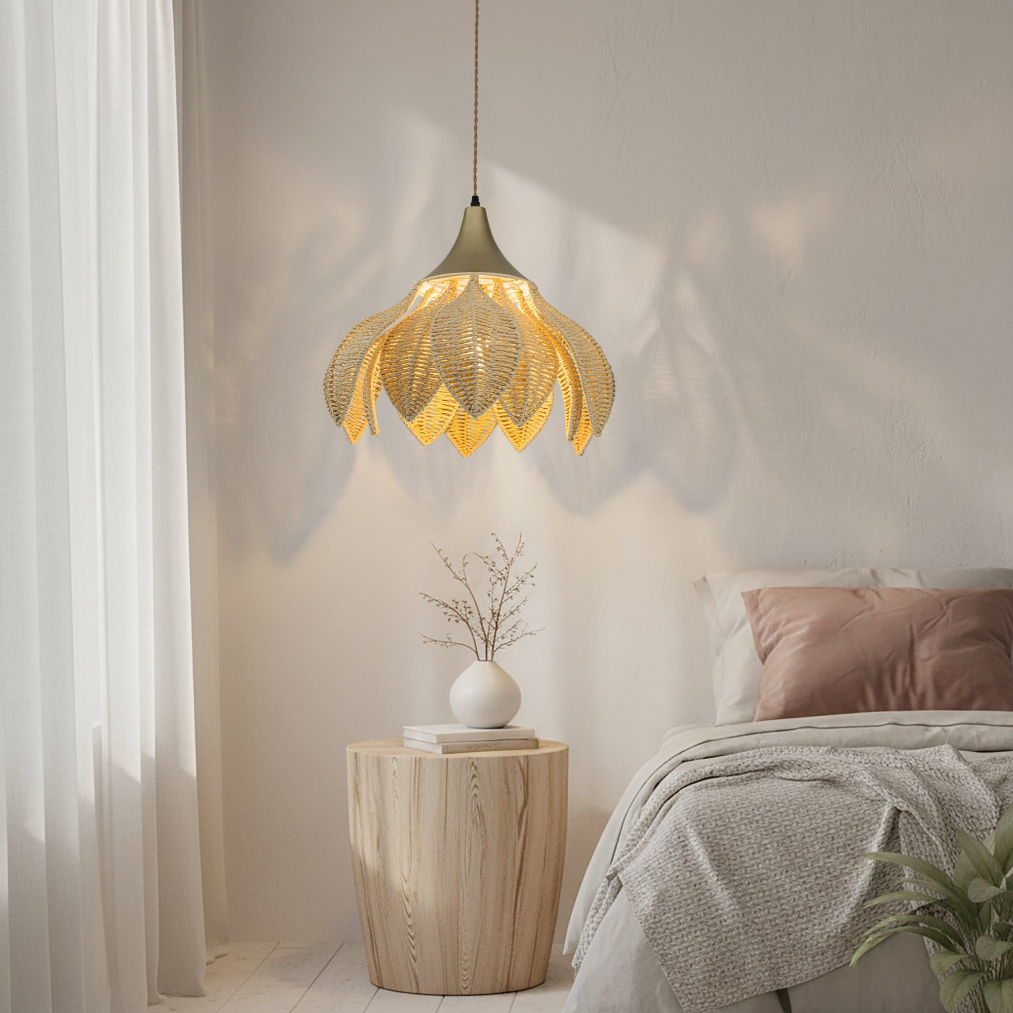 Yume 1 Light Rattan Lotus Pendant Coastal Boho Handwoven 20 Wide