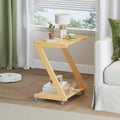 Z Shaped Solid Wood Rolling Side Table With Casters 2 Tier End Table With Storage Shelf Easy Assembly