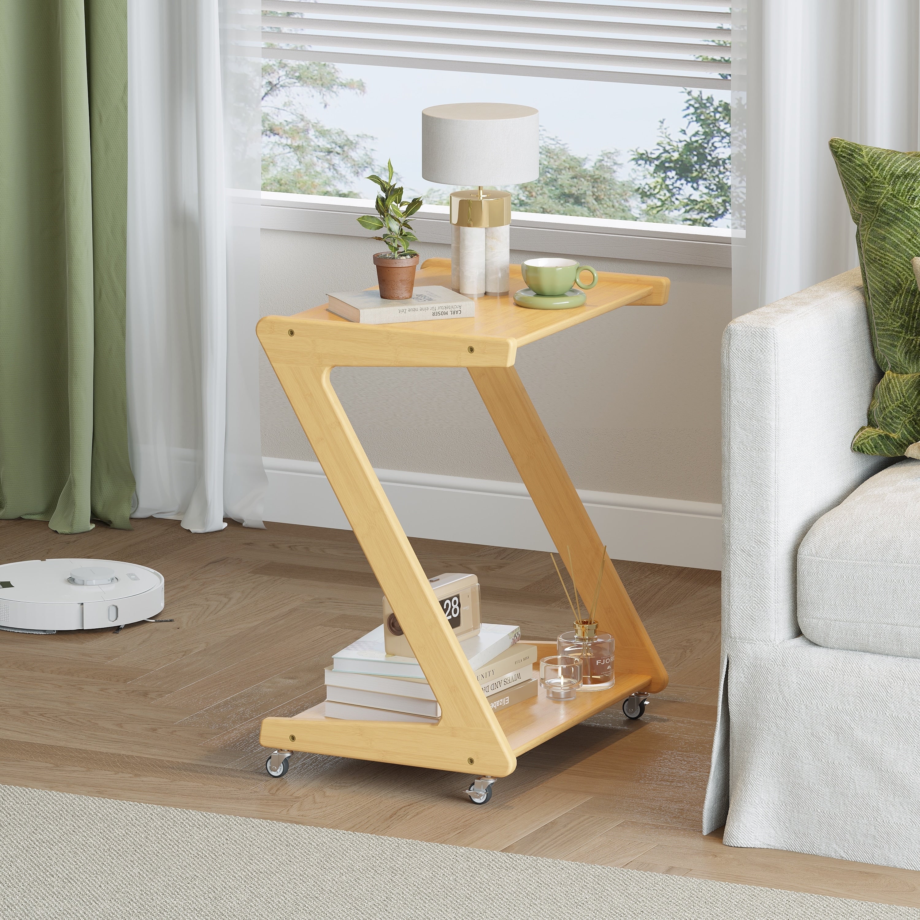Z Shaped Solid Wood Rolling Side Table With Casters 2 Tier End Table With Storage Shelf Easy Assembly