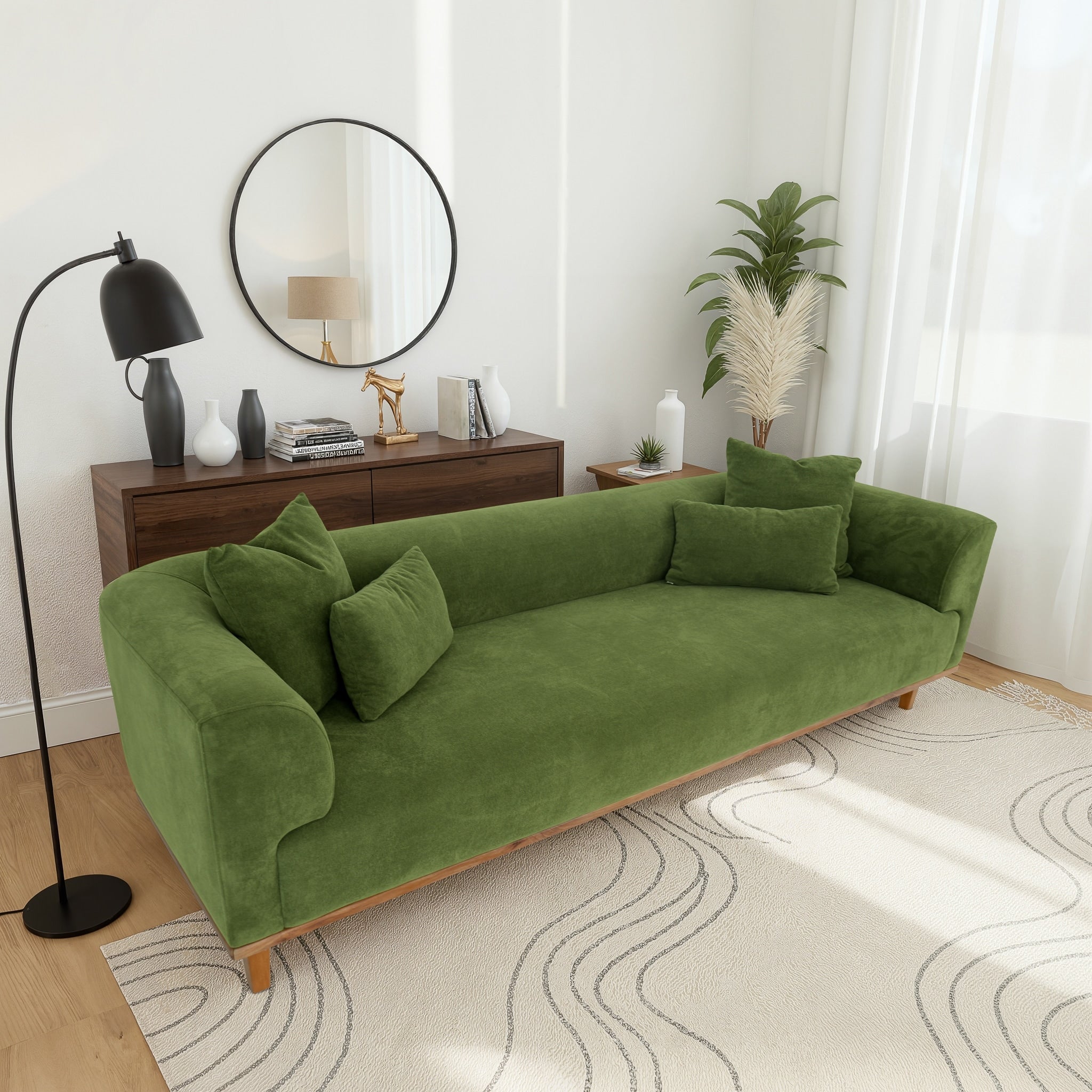 Zalma Three Seater Velvet Sofa With Loose Pillows And Solid Wood Legs