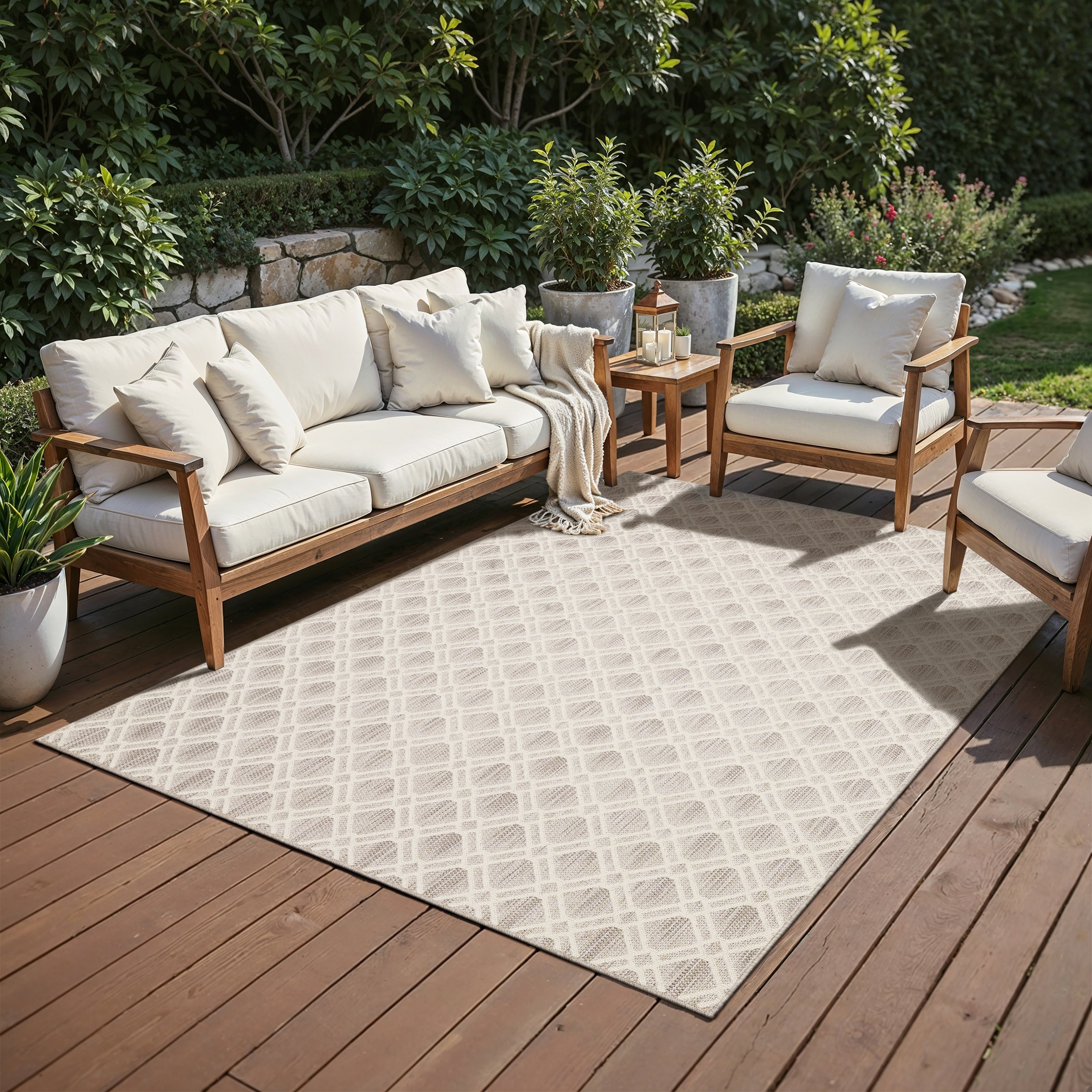 Zarina Modern Diamond Trellis Ivory Beige Indoor Outdoor Area Rug