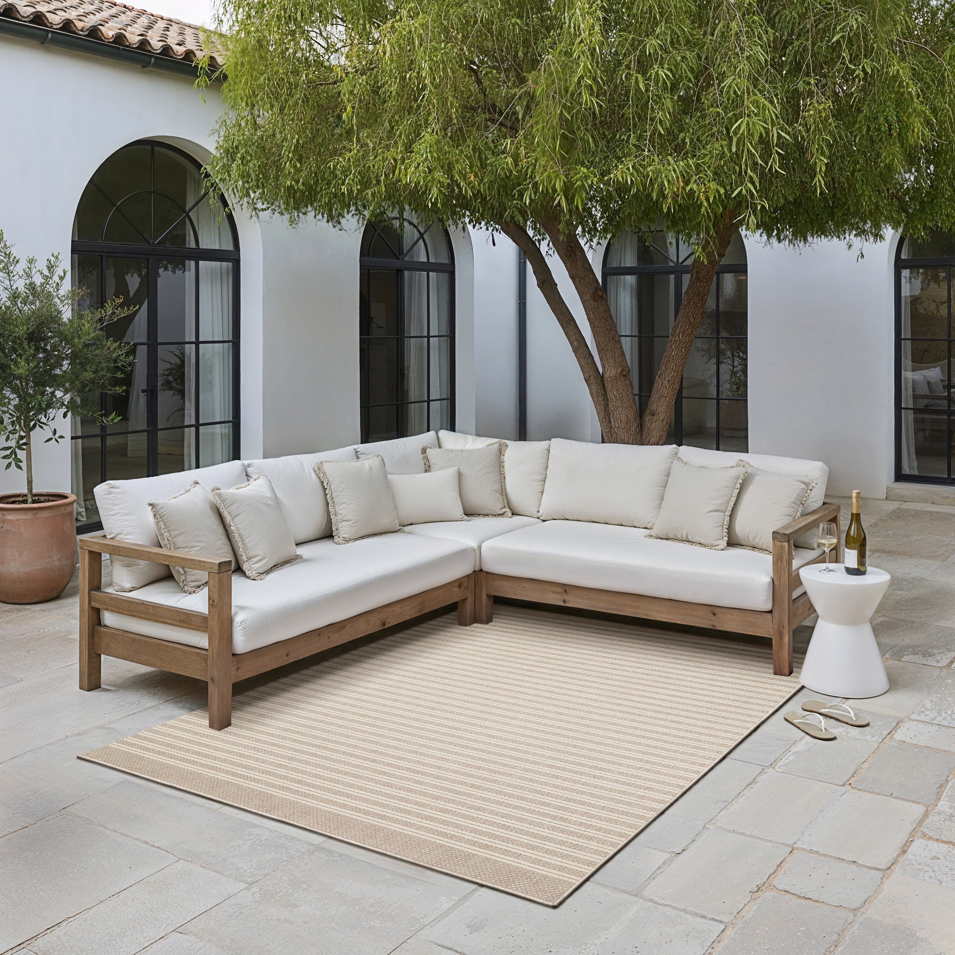 Zarina Modern Linear Pinstripe Beige Ivory Indoor Outdoor Area Rug