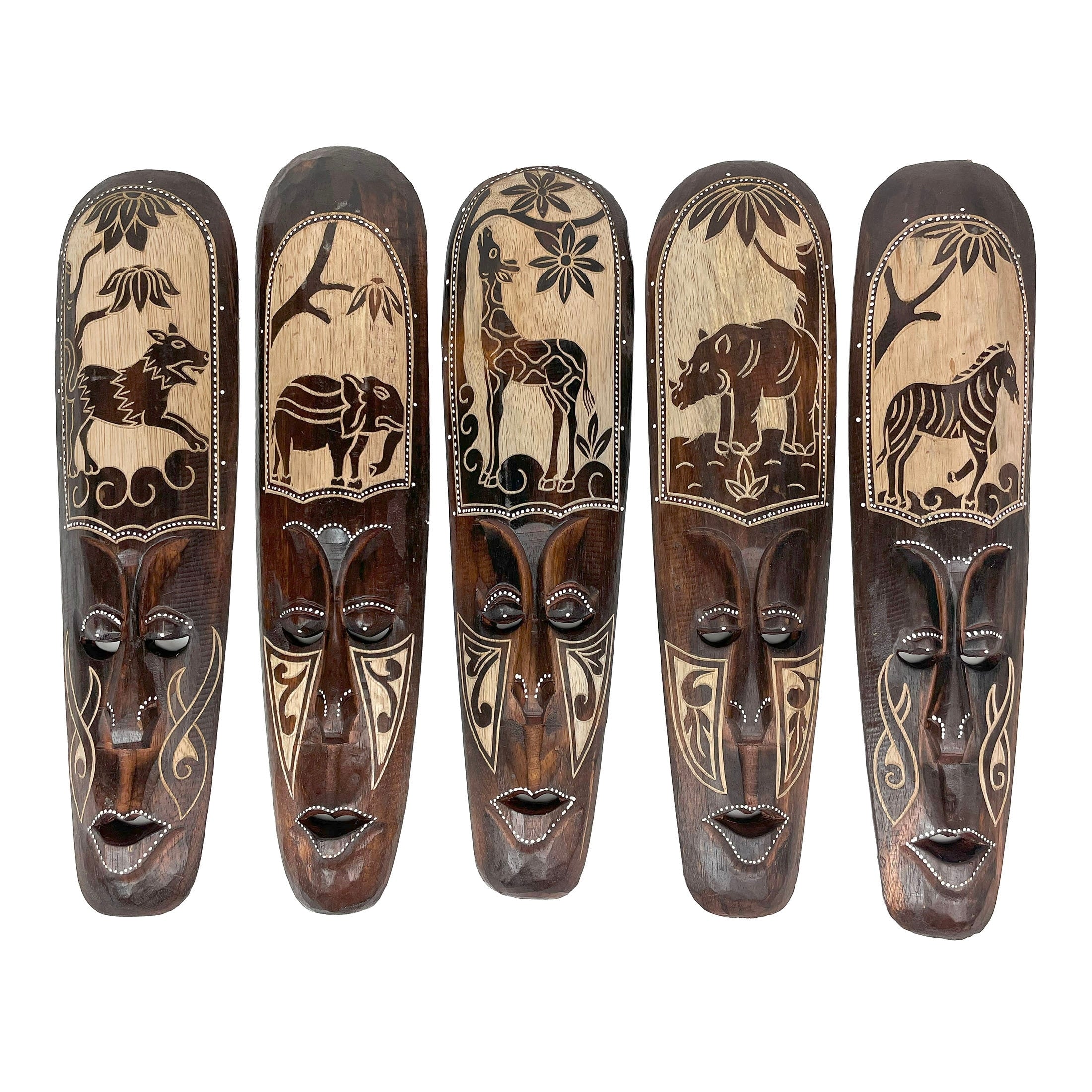 Set Of 5 African Animal Hand Carved Wooden Wall Masks 19.75 X 4.25 X 1.25 Inches