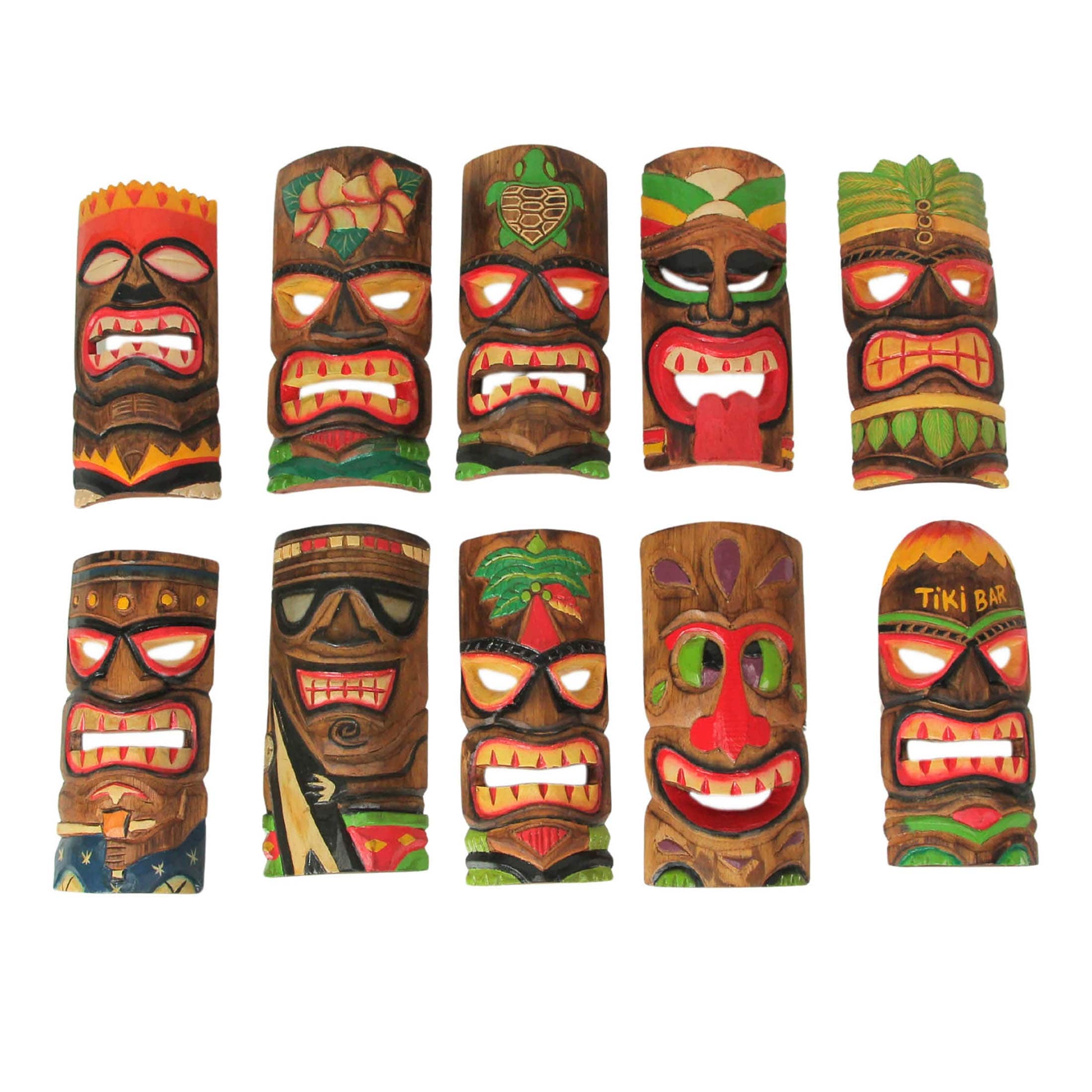 10 Piece Polynesian Party Hand Carved Island Style Wooden Tiki Masks 10 Inch 9.75 X 4.75 X 1.5 Inches