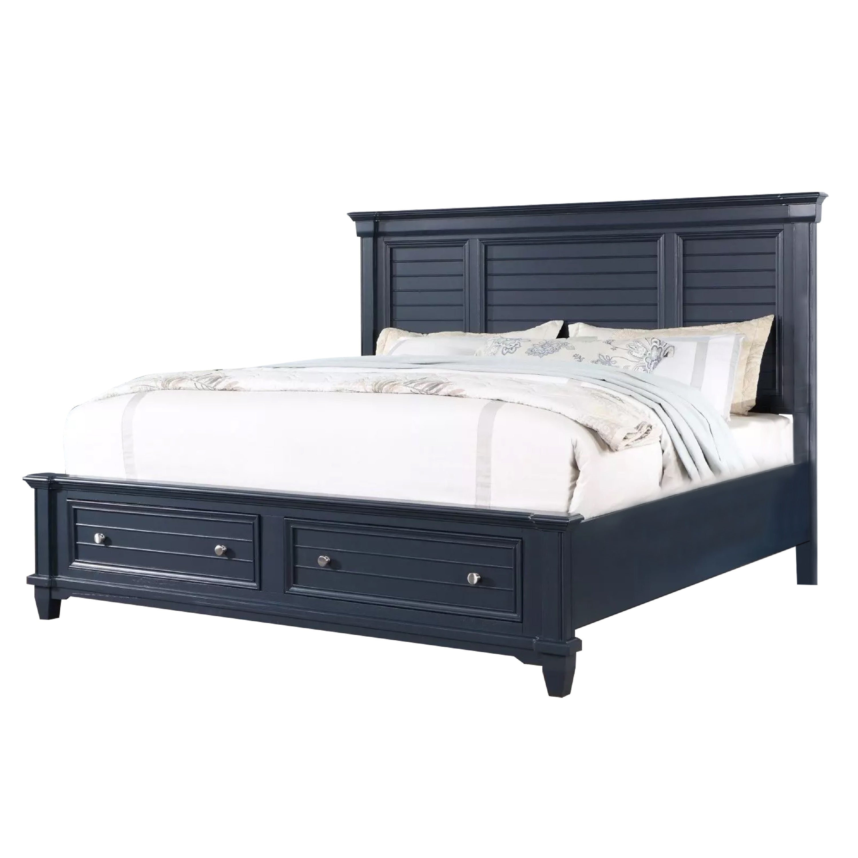 Zeny Queen Bed With Storage Drawers Panel Headboard Blue Wood