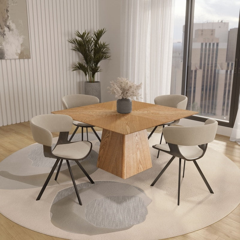 Zephyr 5 Piece Dining Set 47 Starburst Ash Wood Table 4 Upholstered Saddle Chairs Mid Century Modern Style
