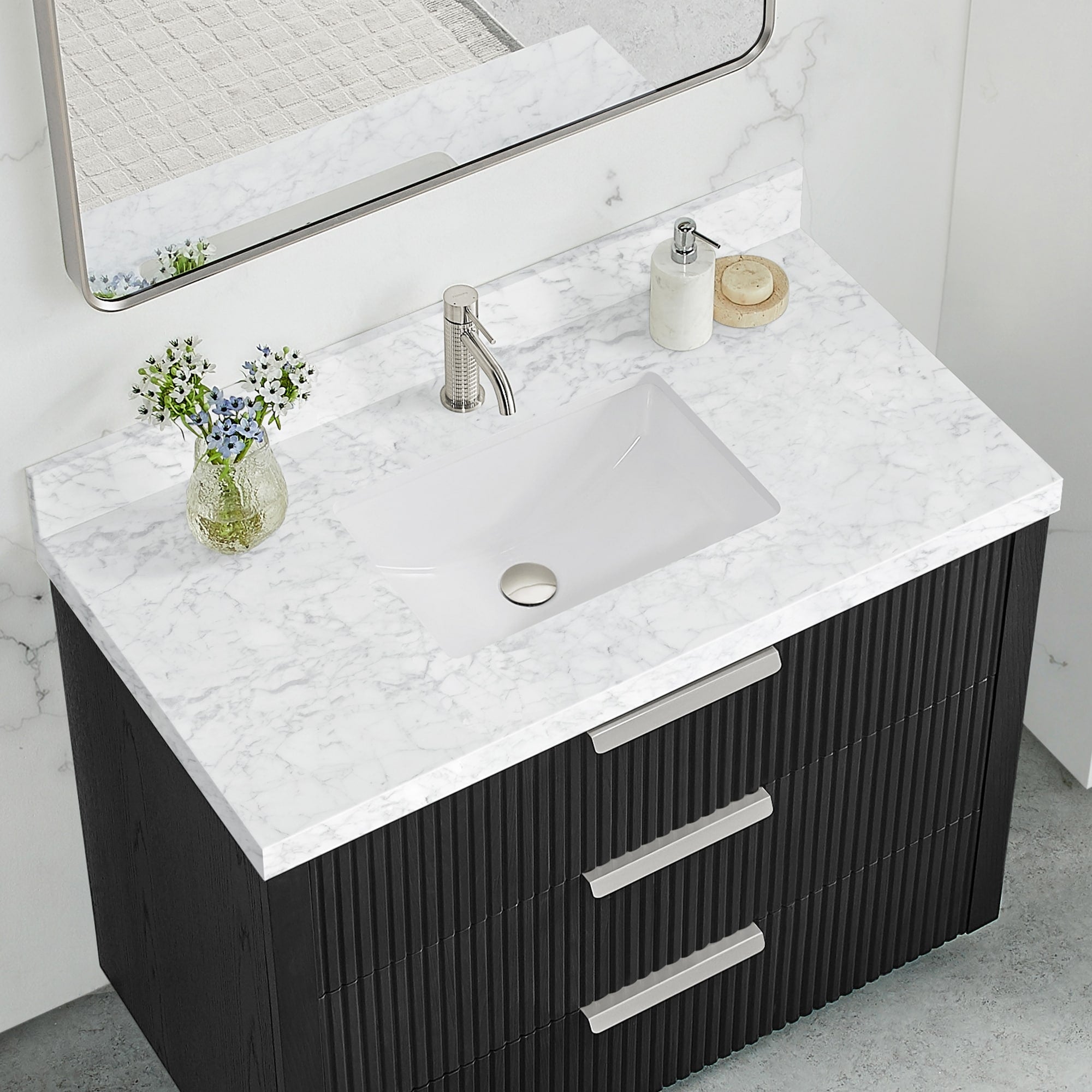 Zevio Natural Marble Vanity Top In Carrara White With Ceramic Sink