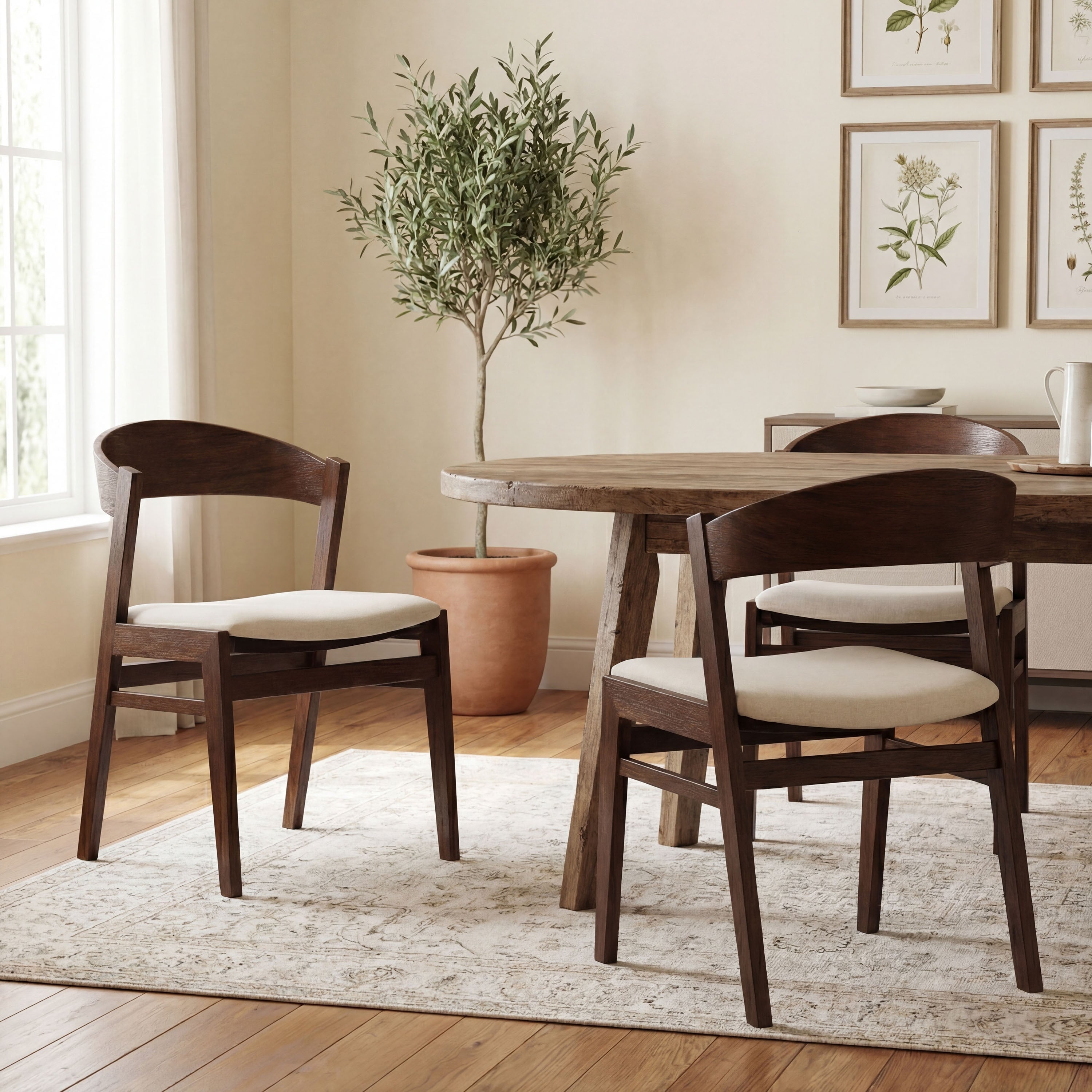 Zia Solid Wood Dining Chair With Upholstered Ivory Fabric Seat Fully Assembled