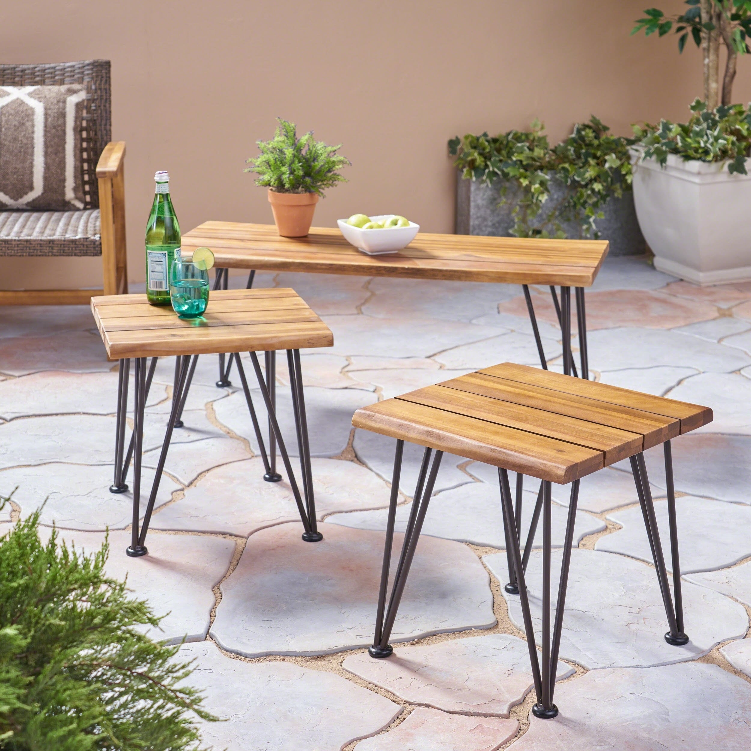 Zion Outdoor Industrial Acacia Wood Coffee Table With 2 Matching Accent Tables By Christopher Knight Home