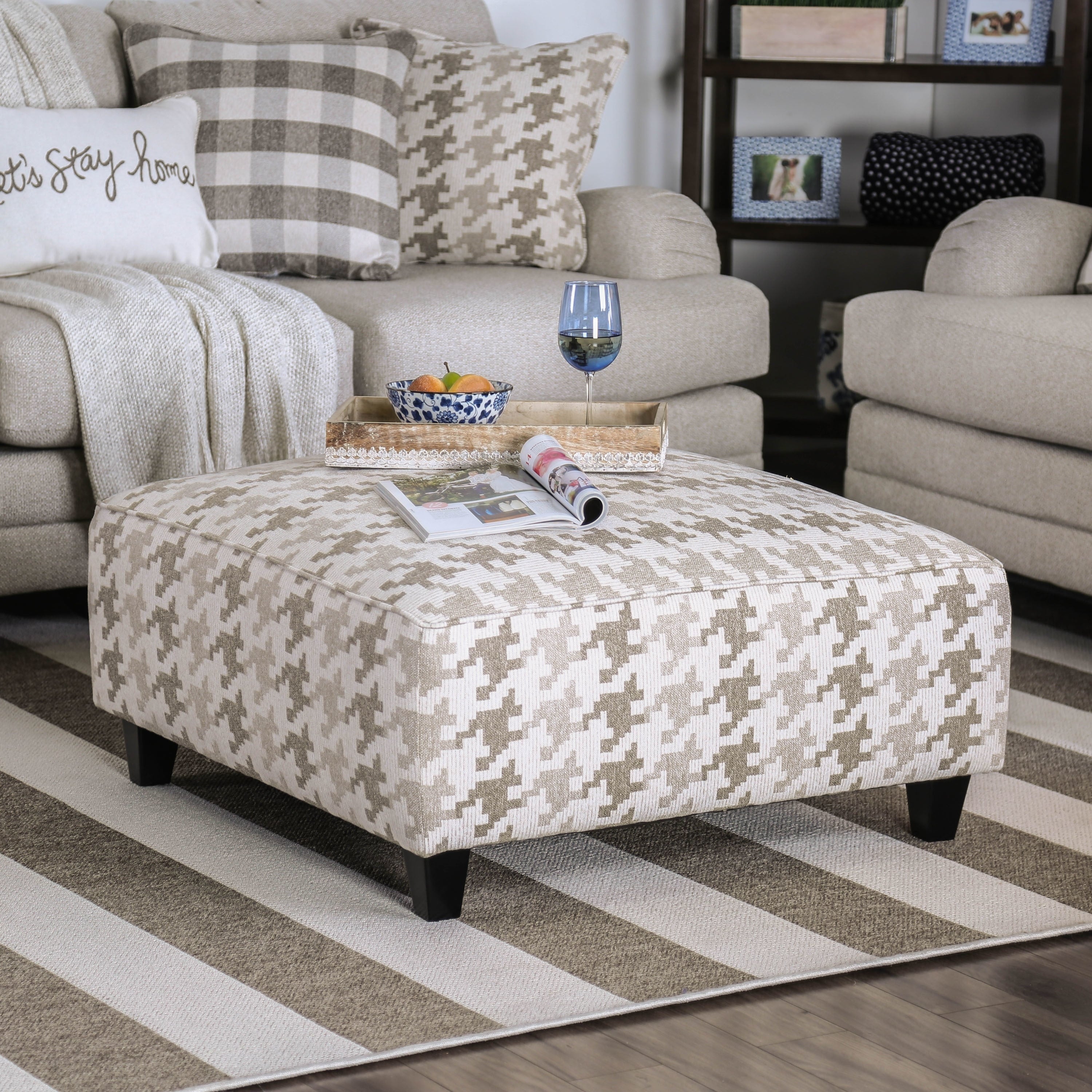 Furniture Of America Murgia Transitional Grey Houndstooth Square Ottoman