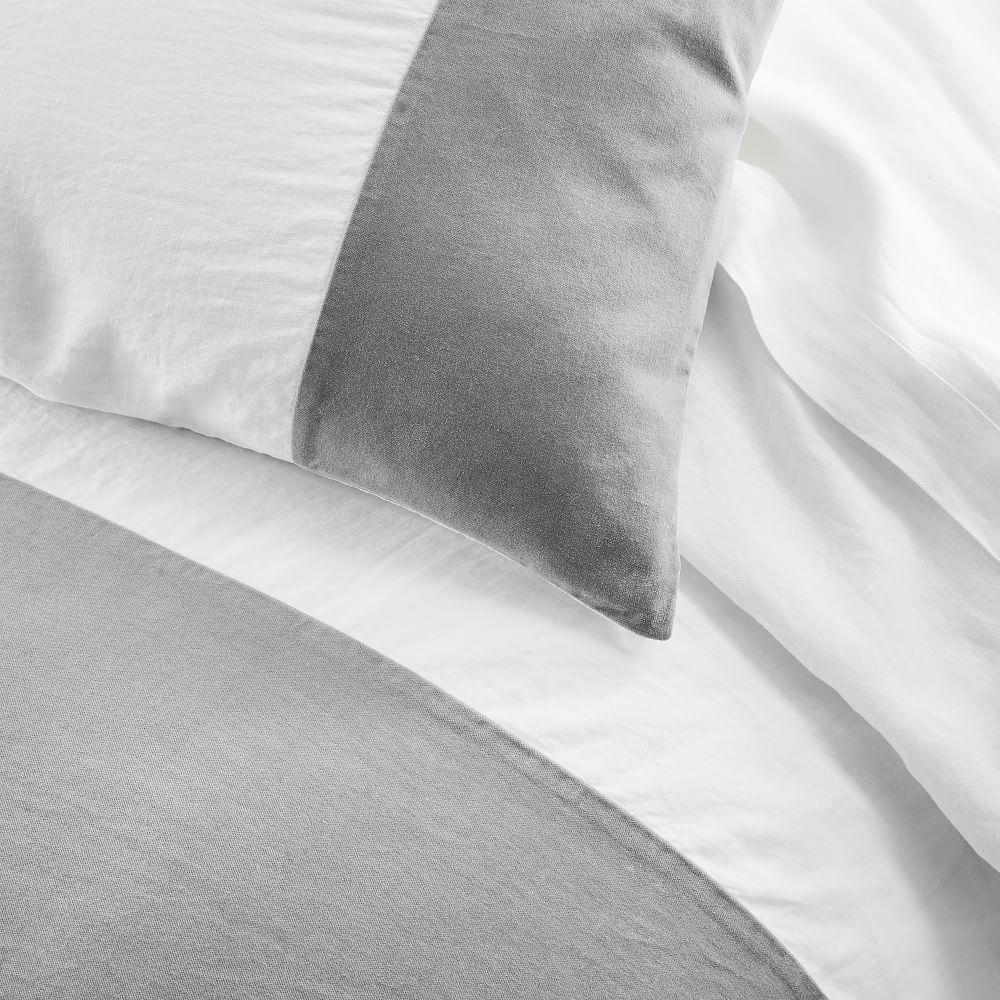 Belgian Flax Linen & Cotton Velvet Blocked Duvet Cover + Pillowcases - White/Alloy