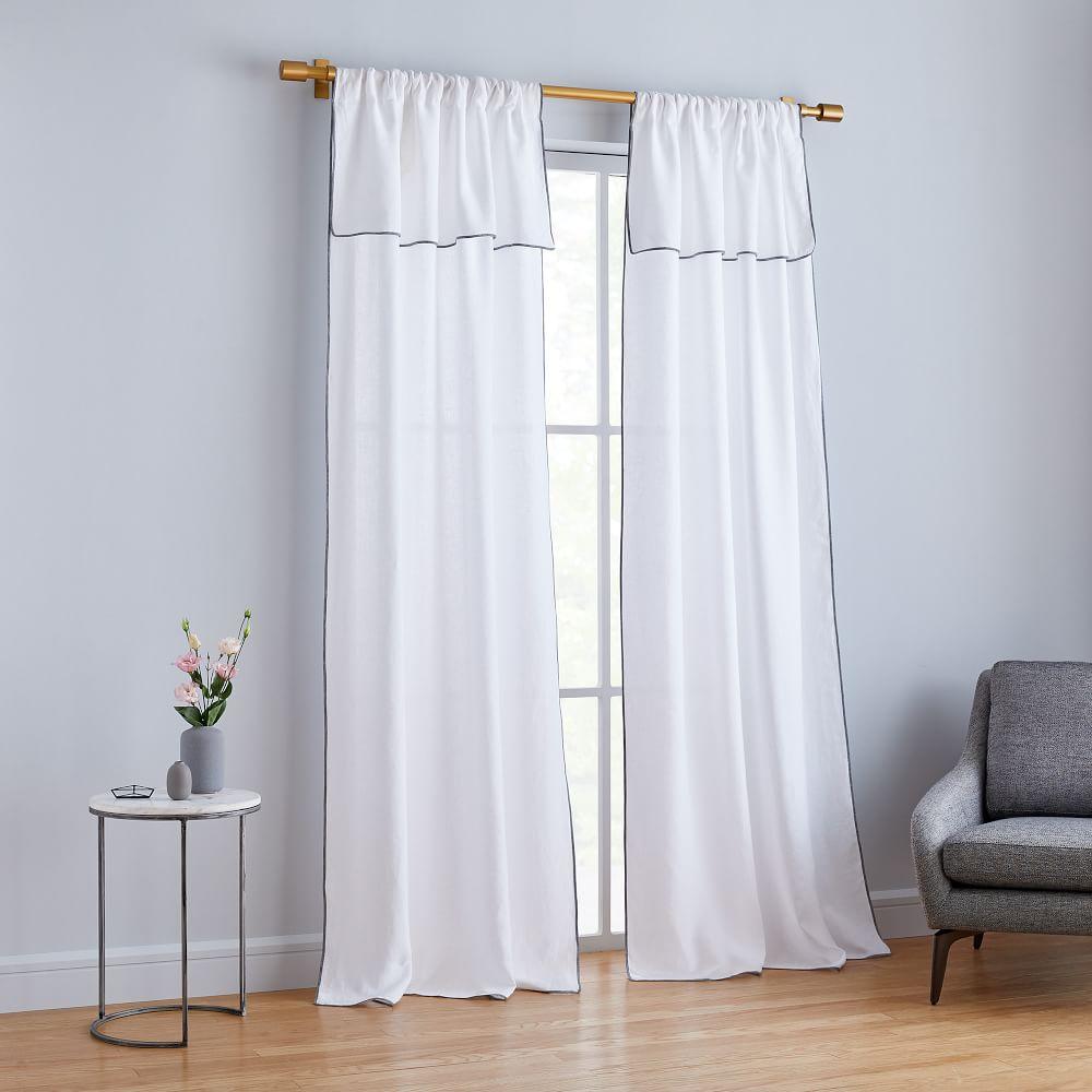 Belgian Flax Linen Piped Border Curtain - White