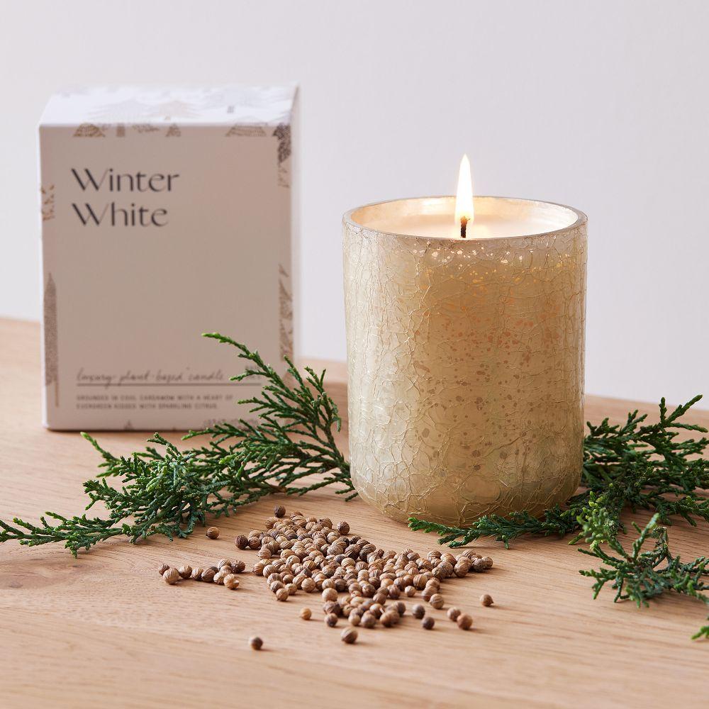 Boxed Crackled Glass Candle- Winter White