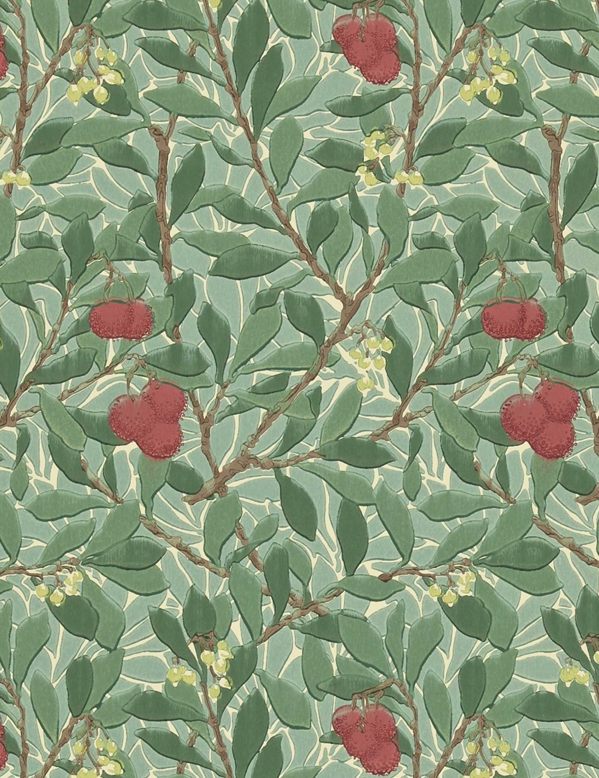 Morris & Co. Arbutus Wallpaper, Dark Green/Red Swatch