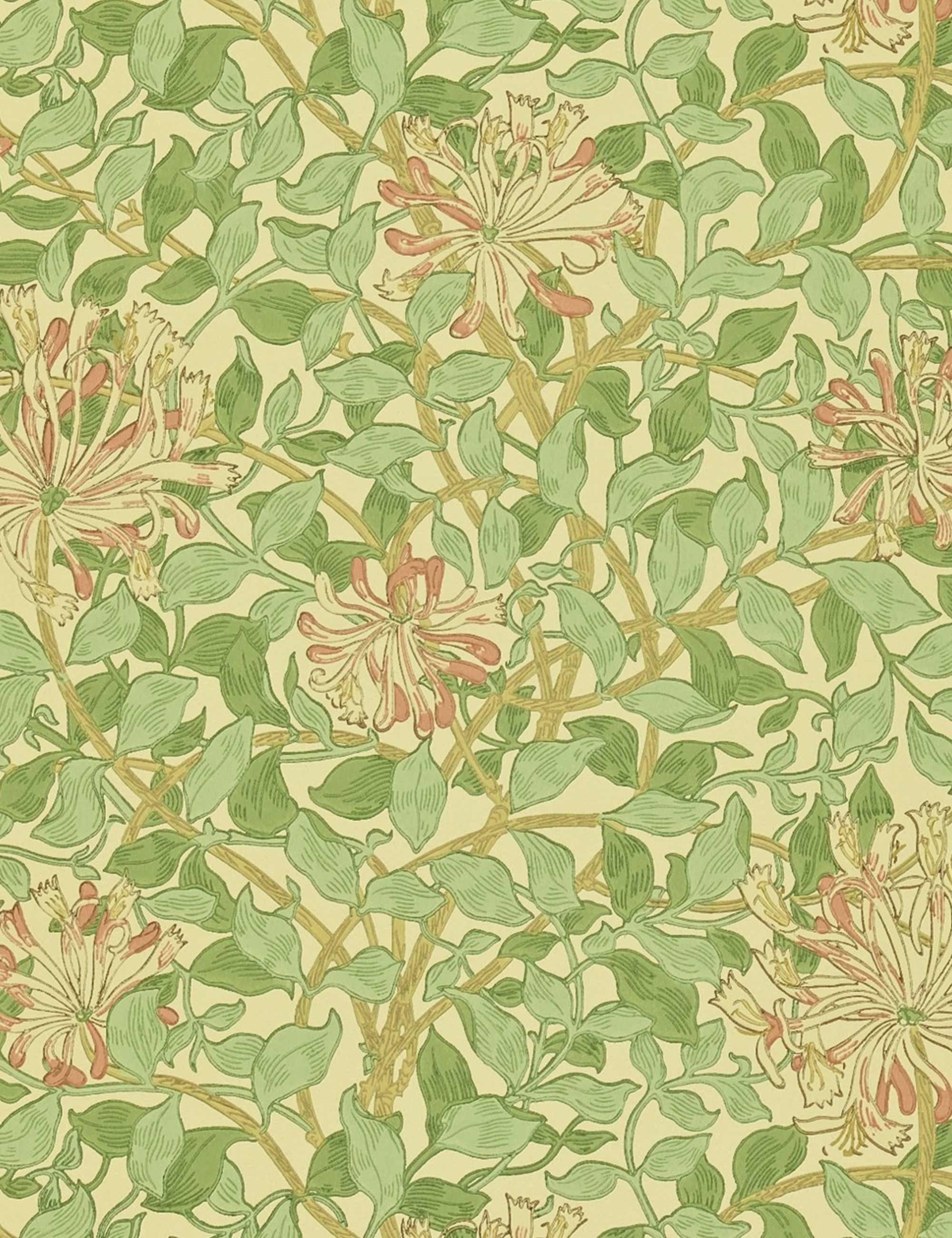 Morris & Co. Honey Suckle Wallpaper, Green Beige Pink Swatch