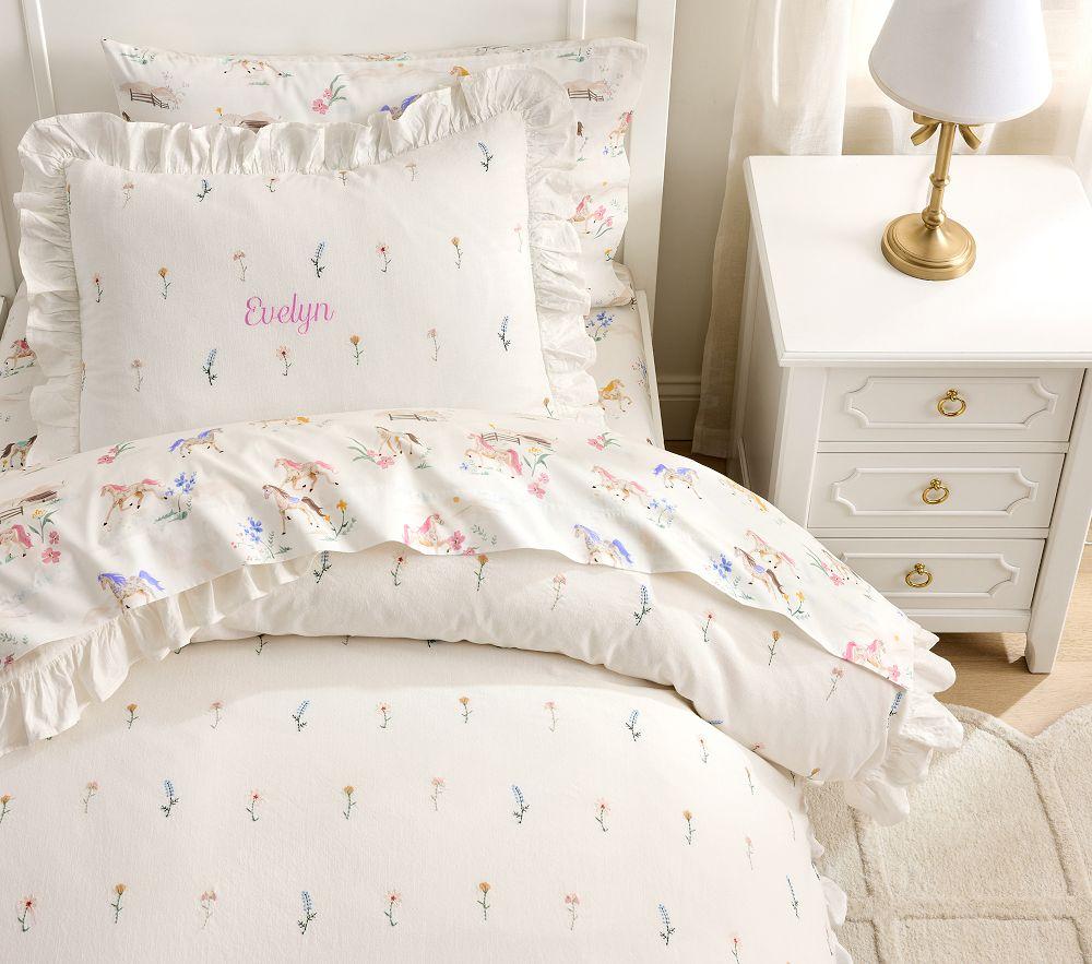 Pottery Barn Kids Embroidered Floral Ruffle Duvet Cover & Pillowcase