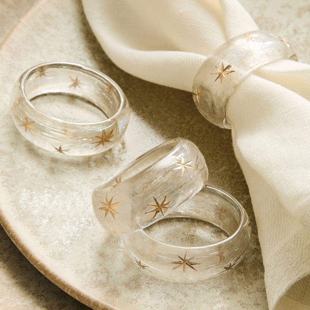 Etched Glass Snowflake Napkin Ring Sets