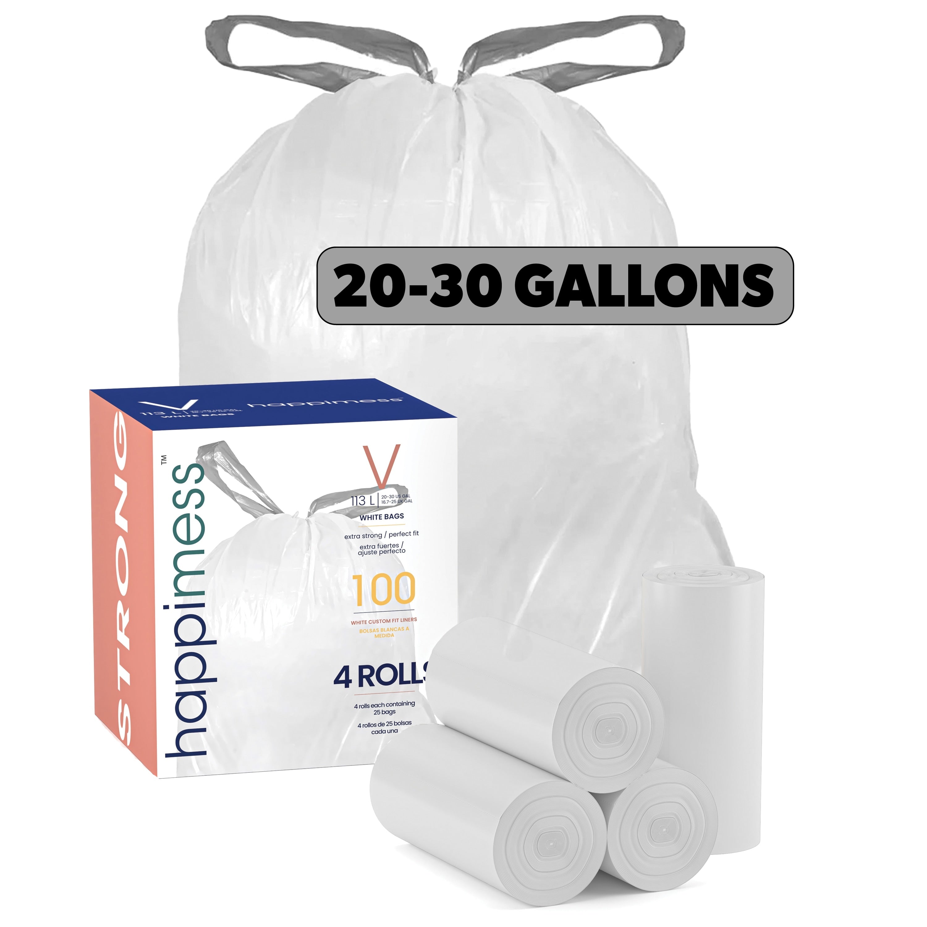 Happimess 30 Gal 114L Drawstring Unscented Trash Can Liner 100 Count 4 Rolls