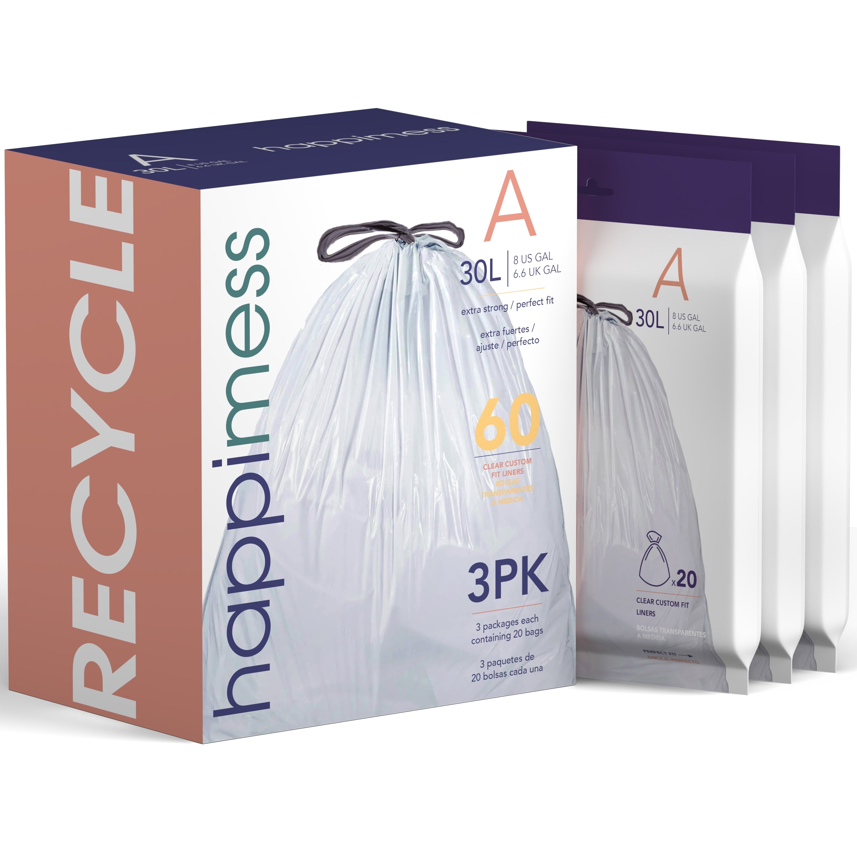 Happimess 8 Gallon 30L Drawstring Trash Can Liner Clear 60 Count 3 Packs Of 20 Liners