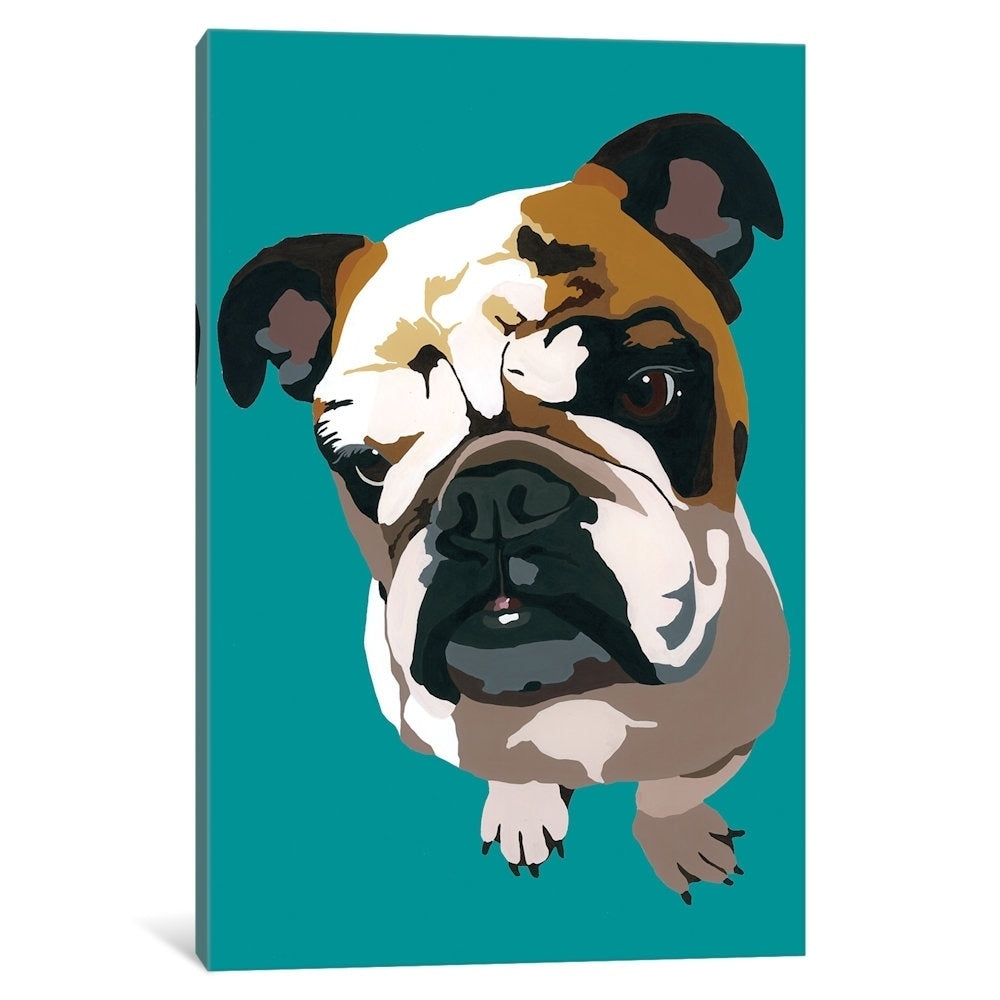 Icanvas Bulldog On Teal By Julie Ahmad Canvas Print