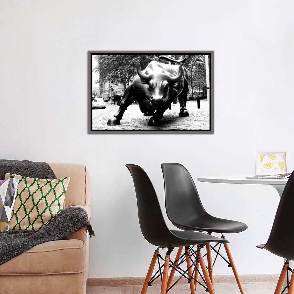 Icanvas Wall Street Bull Black White Framed Canvas Print