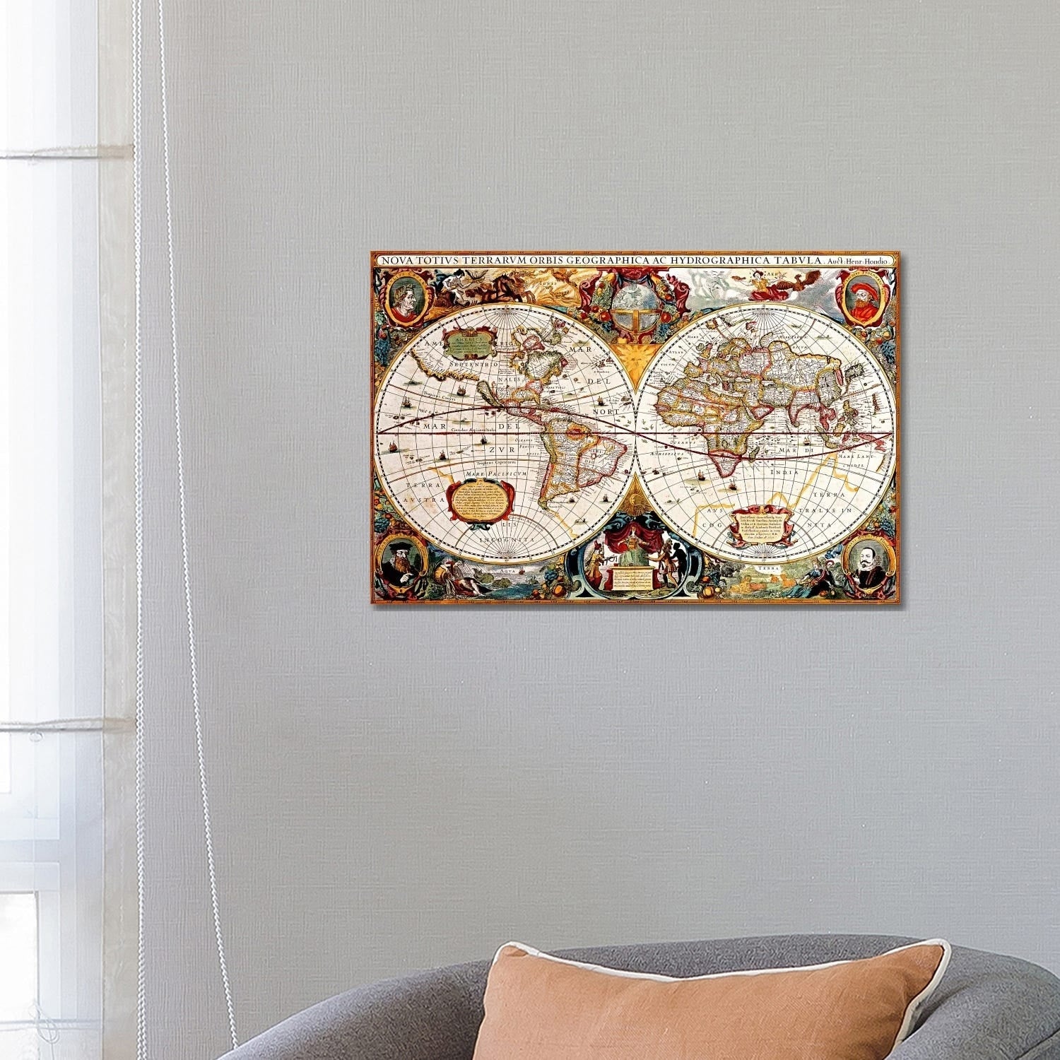 Icanvas Antique Double Hemisphere Map Of The World Hondius Canvas Print Wall Art
