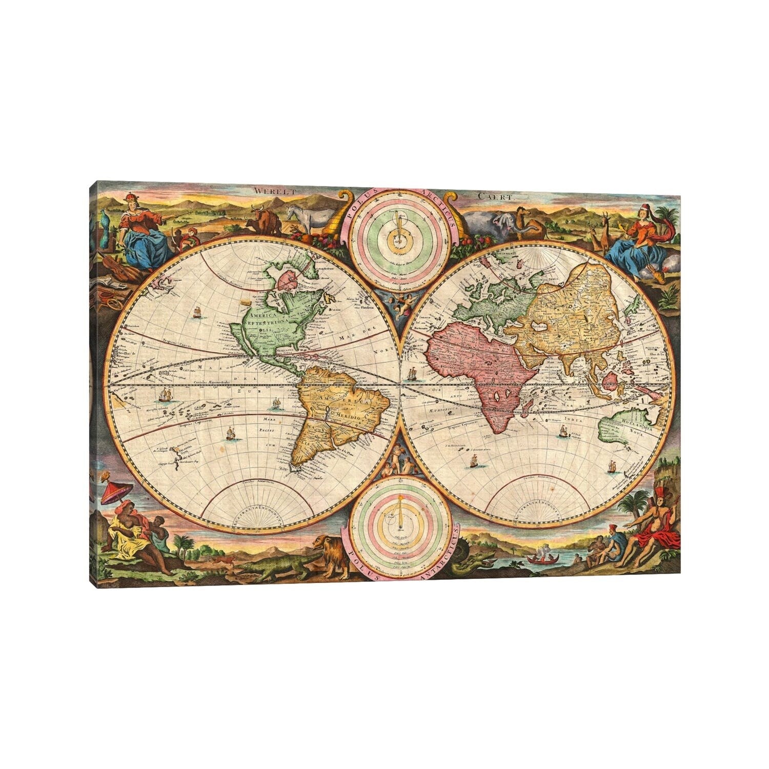 Icanvas Stoopendaal Antique Map Of The World In Two Hemispheres 1730 Canvas Print Wall Art