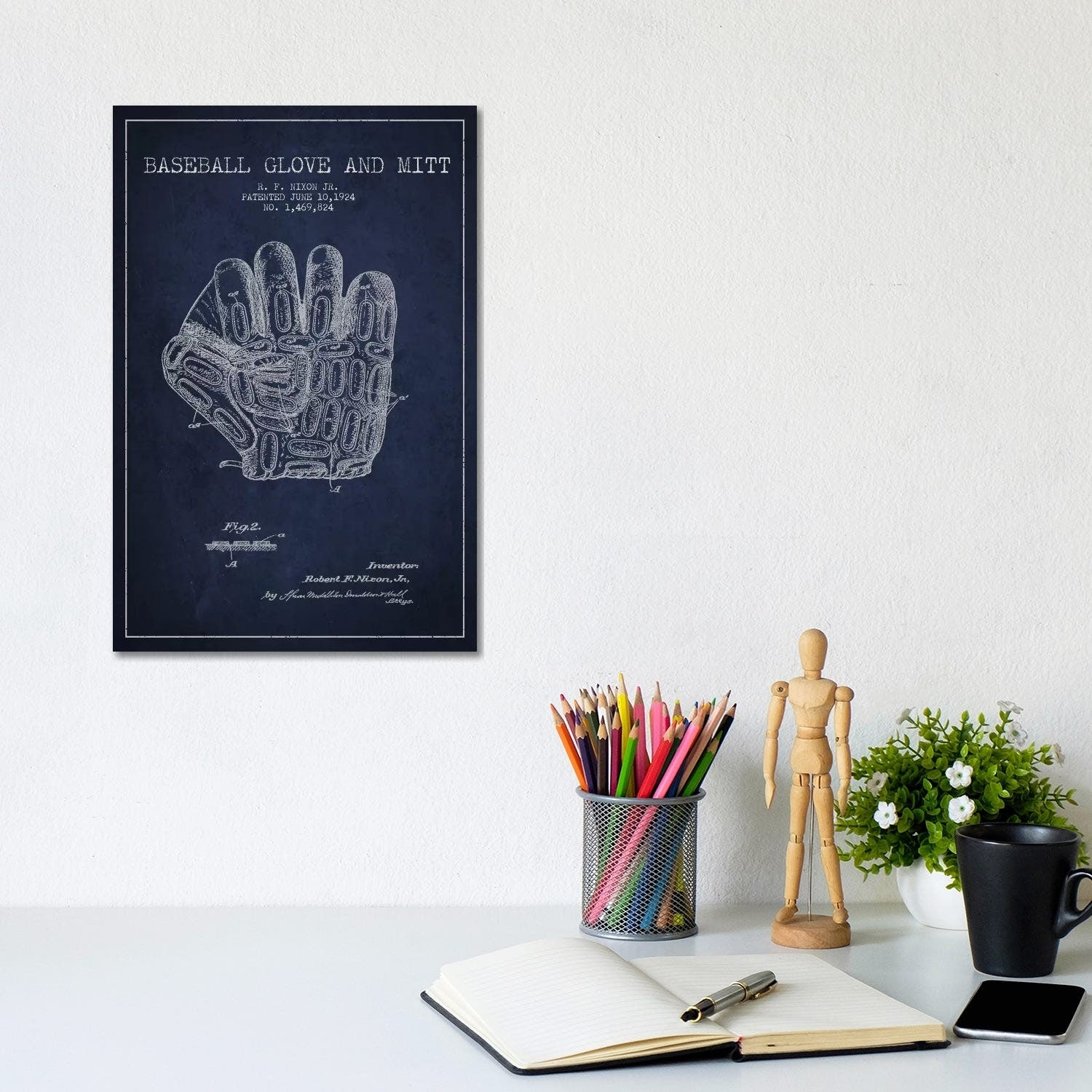 Icanvas Baseball Glove Navy Blue Patent Blueprint By Aged Pixel Canvas Print
