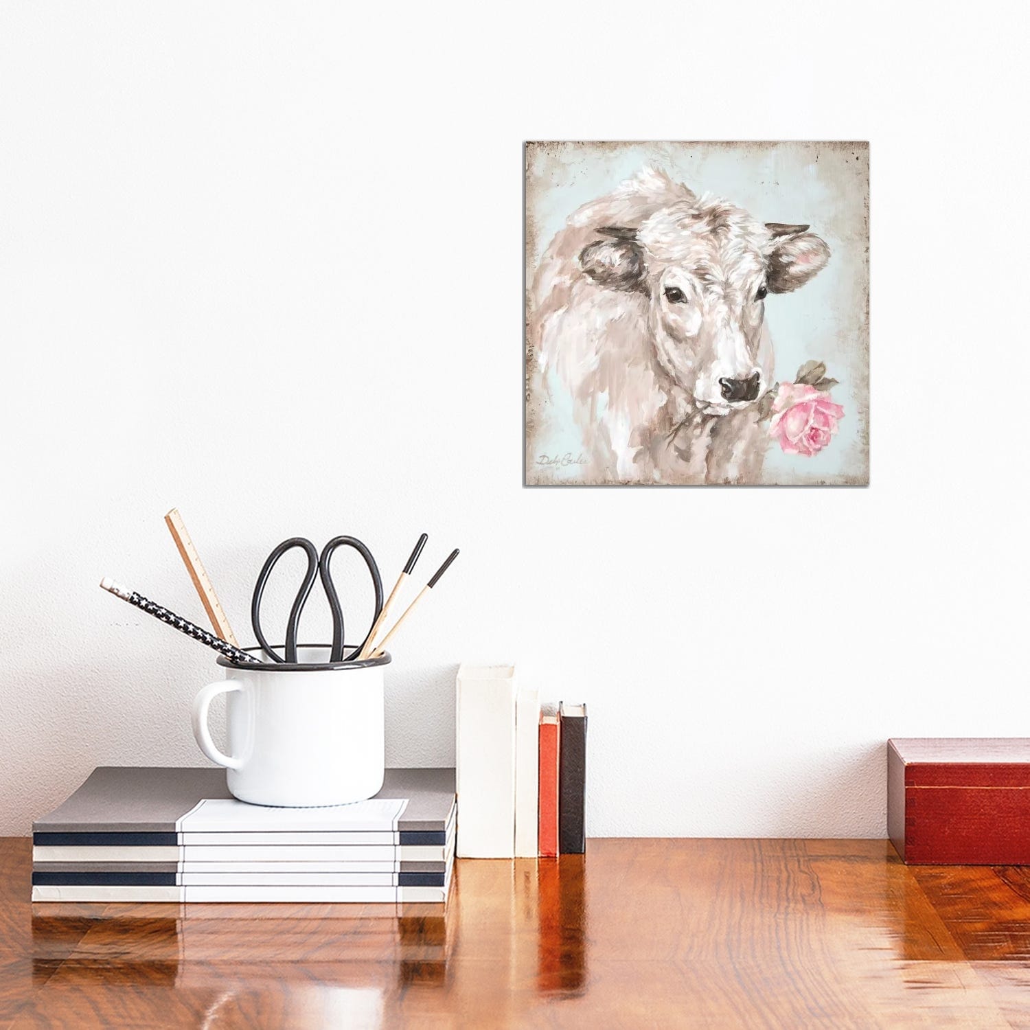 Icanvas French Farmhouse Series Cow With Rose Ii By Debi Coules Canvas Print