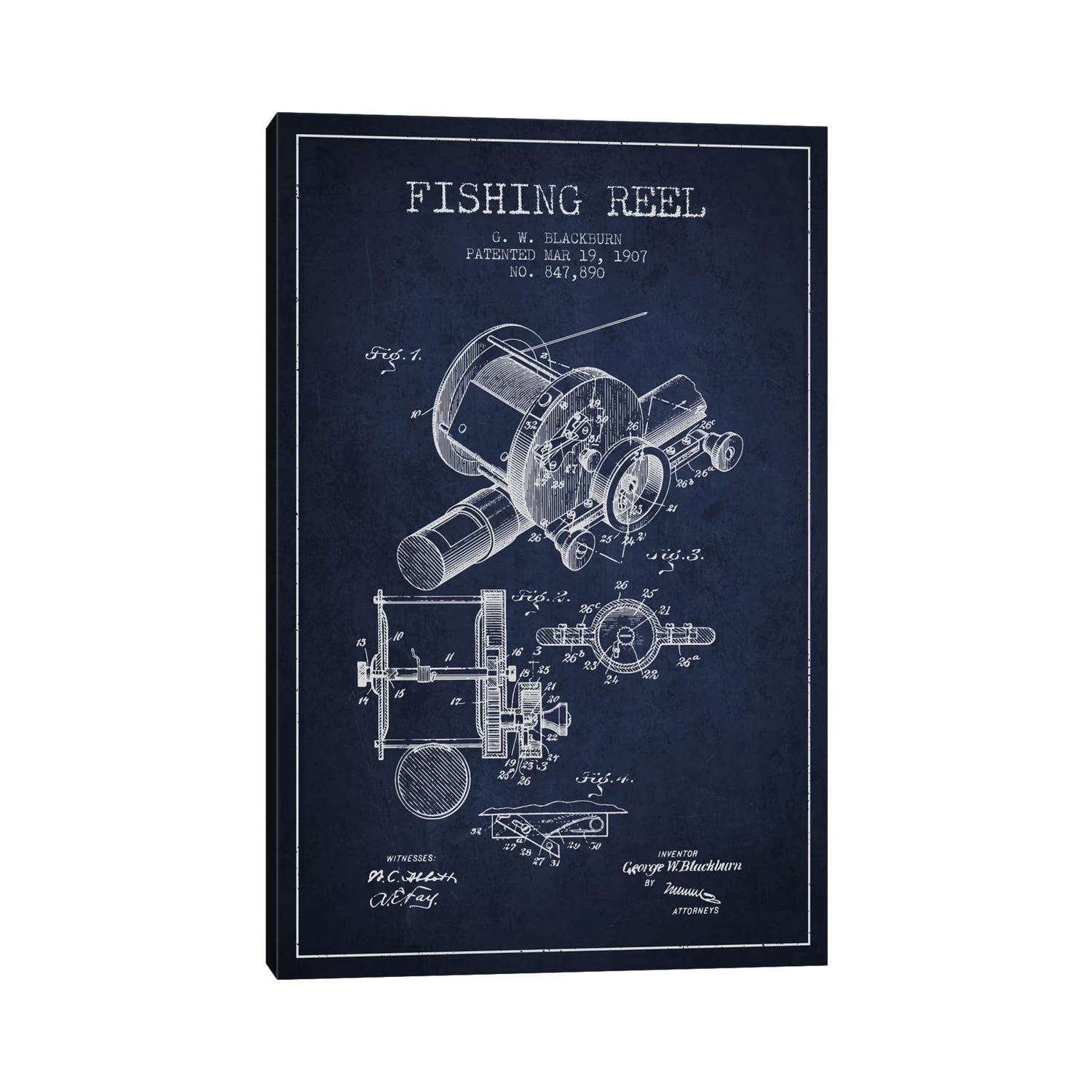 Icanvas Fishing Reel Navy Blue Patent Blueprint By Aged Pixel Canvas Print