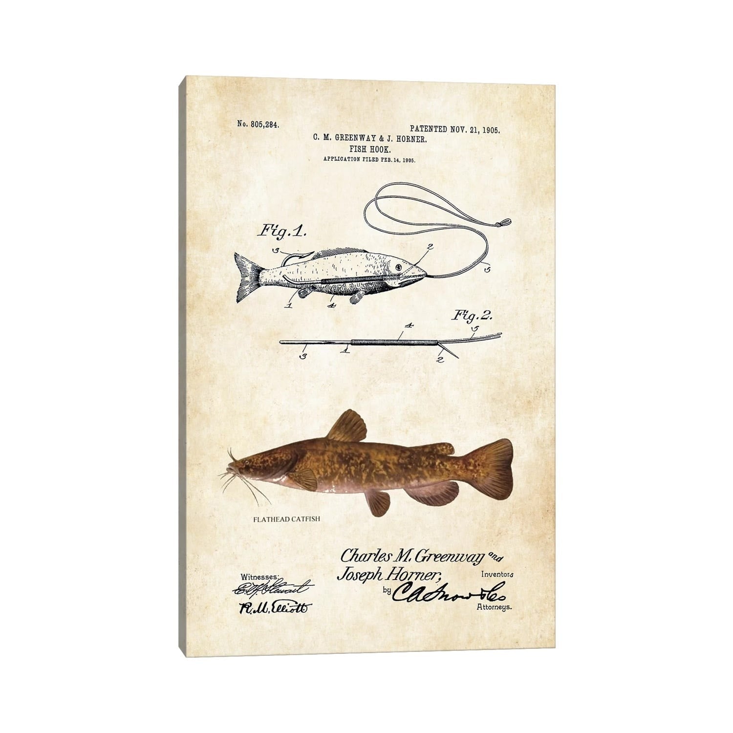 Icanvas Flathead Catfish Fishing Lure By Patent77 Gallery Wrapped Canvas Print
