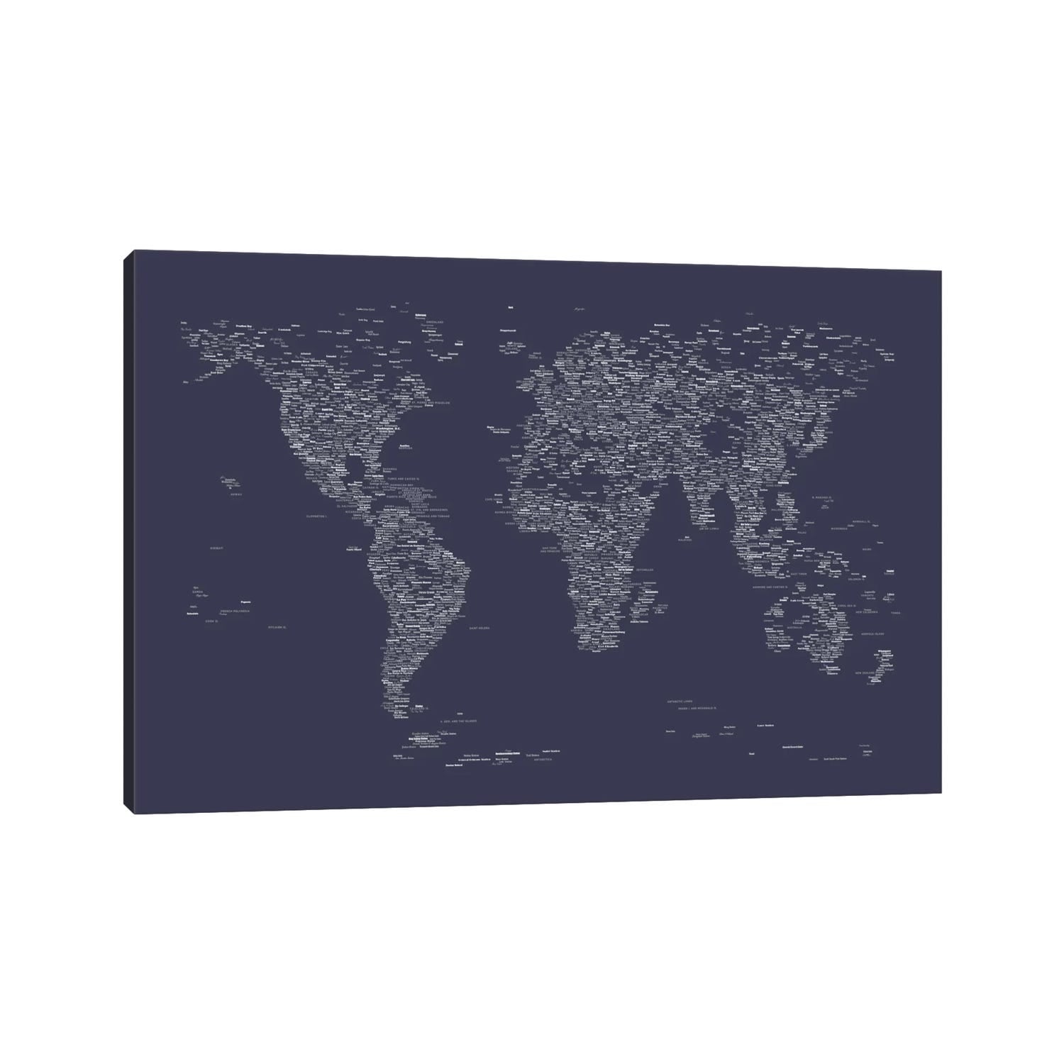 Icanvas Michael Thompsett Font World Map Navy Blue Canvas Print Wall Art