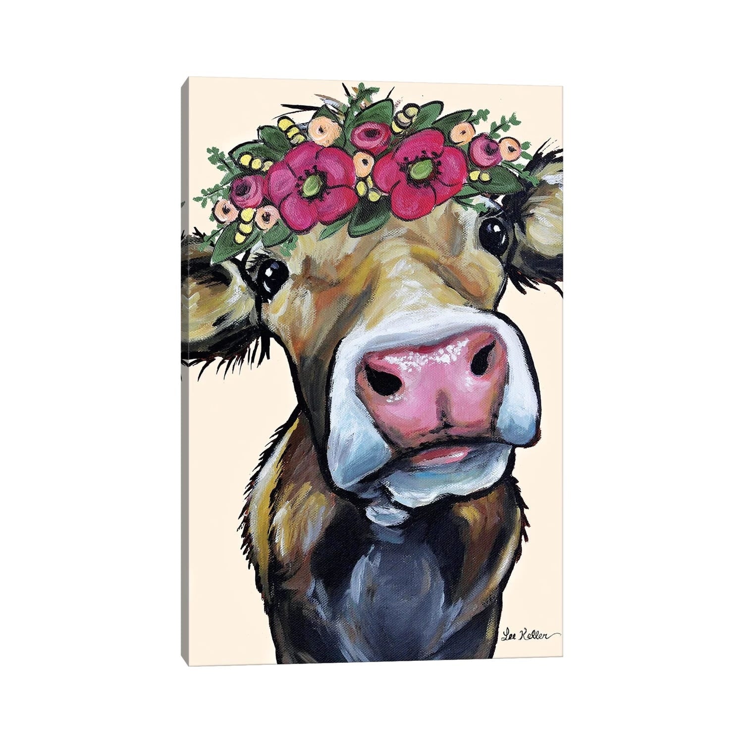 Icanvas Hazel The Cow Flower Crown On Cream By Hippie Hound Studios