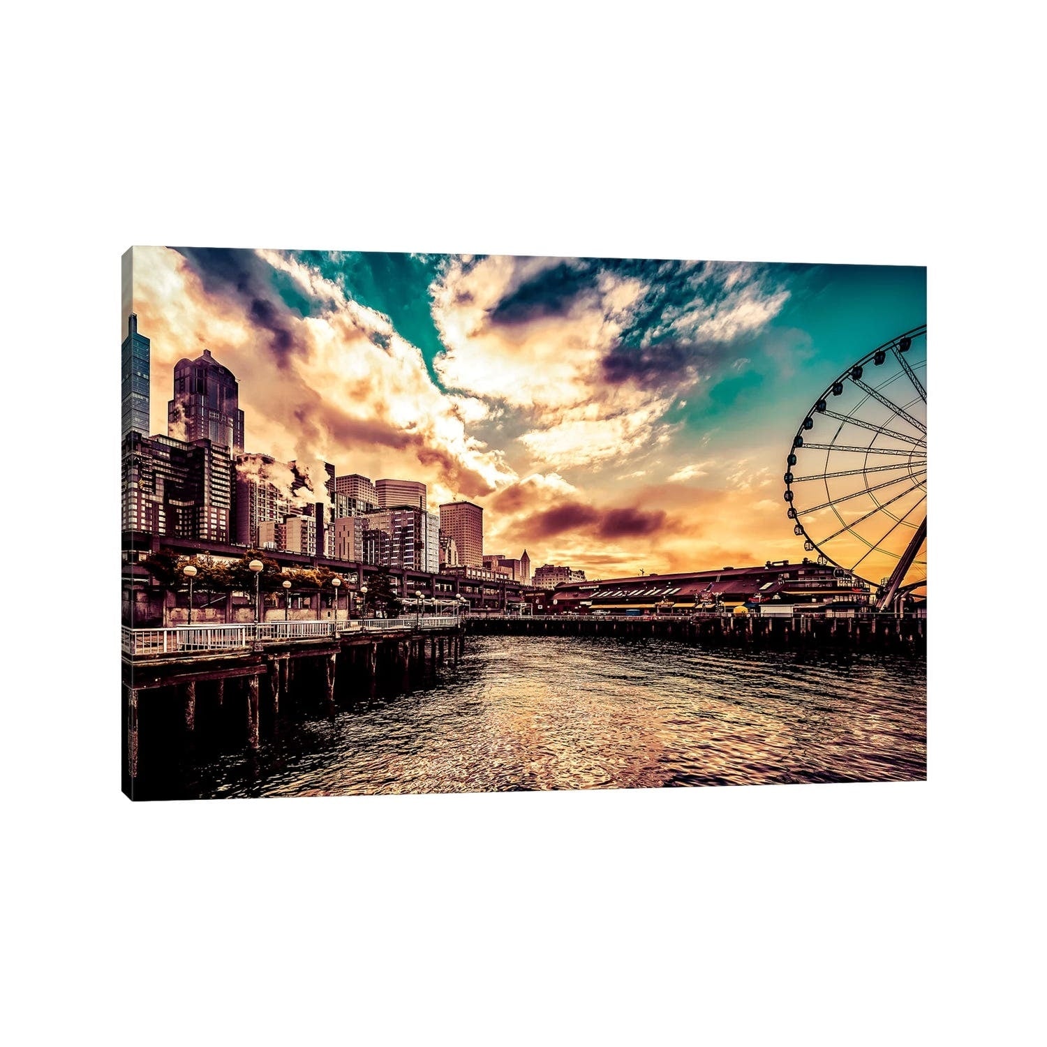 Icanvas Turquoise Seattle Sunrise Great Wheel Pier 57 Cityscape By Nature Magick