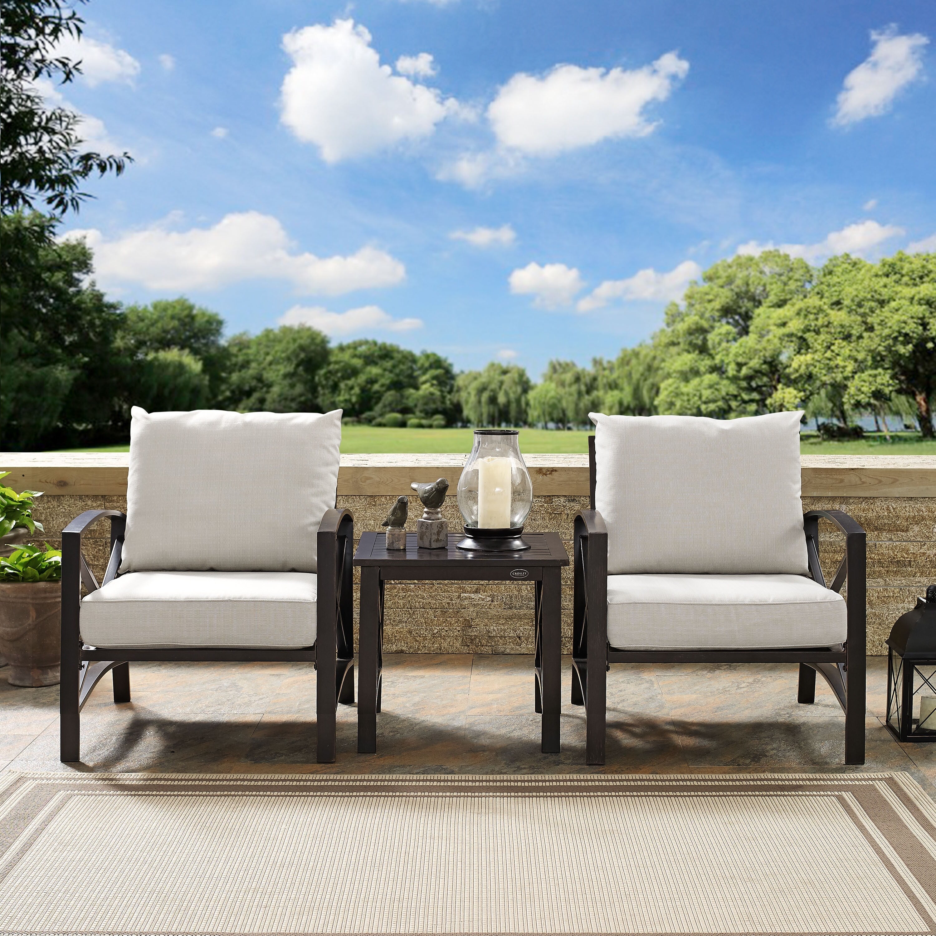 Kaplan 3 Pc Outdoor Seating Set With Oatmeal Cushion Two Chairs Side Table