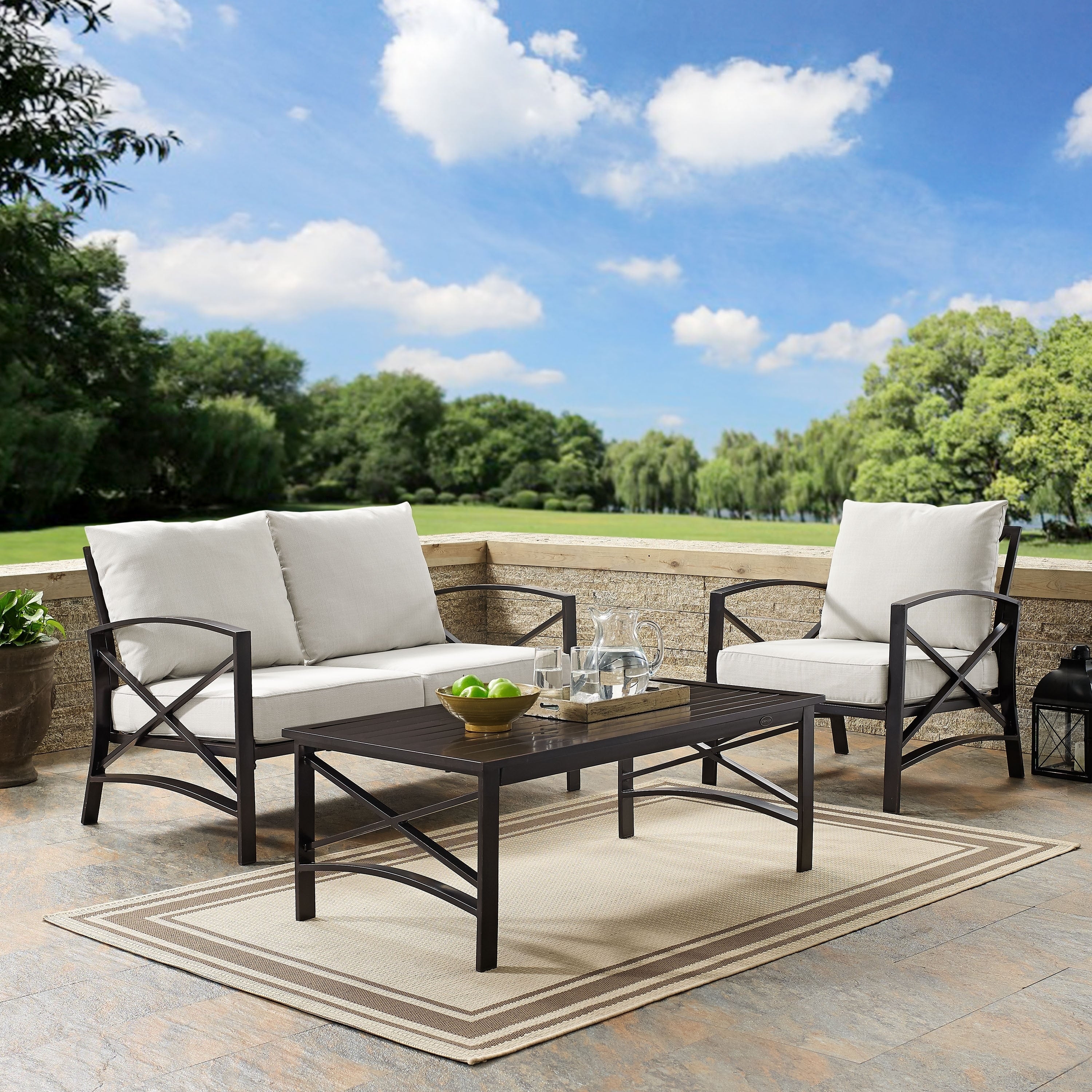 Kaplan 3 Pc Outdoor Seating Set With Oatmeal Cushion Loveseat Chair Coffee Table