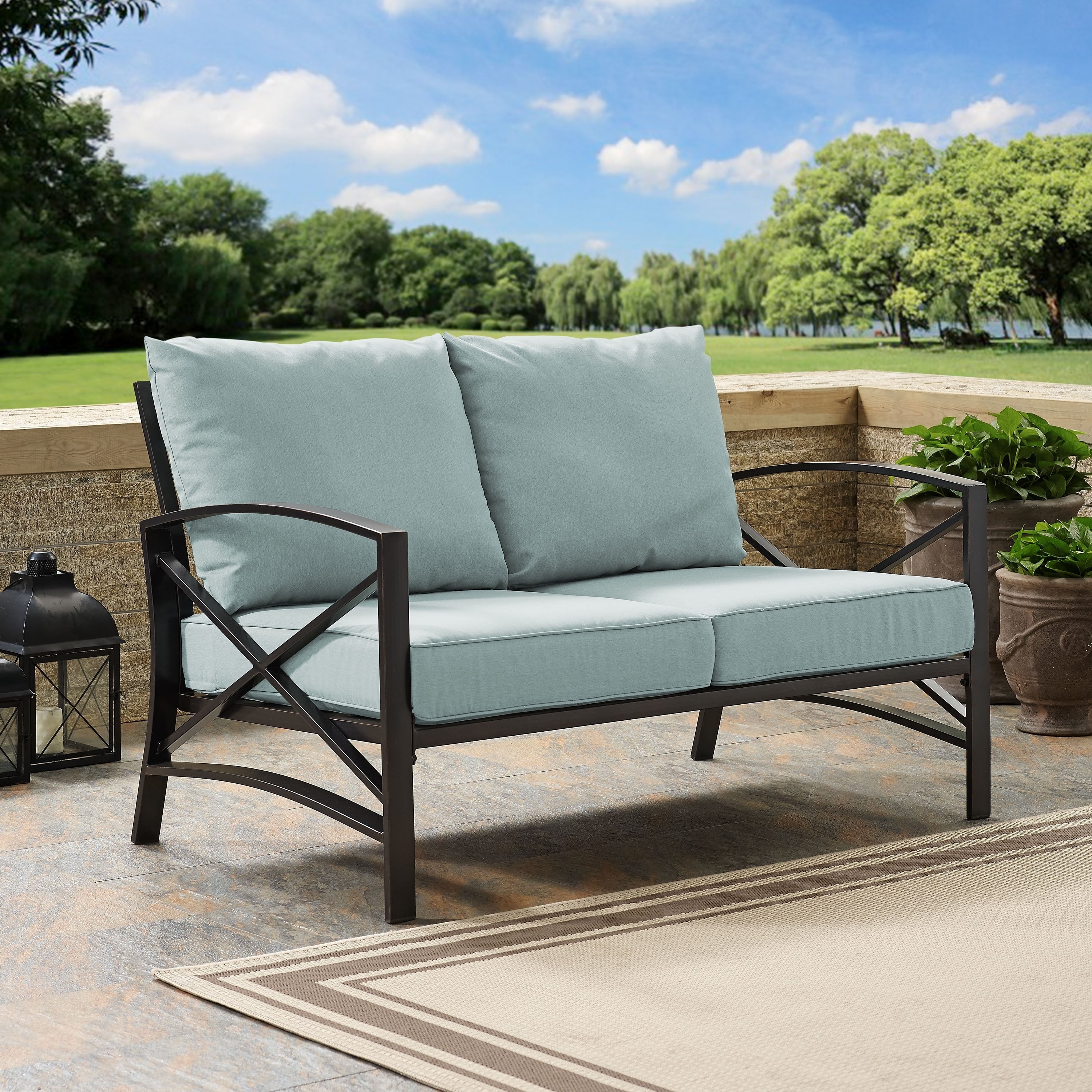 Kaplan Loveseat In Oiled Bronze With Mist Universal Cushion Cover