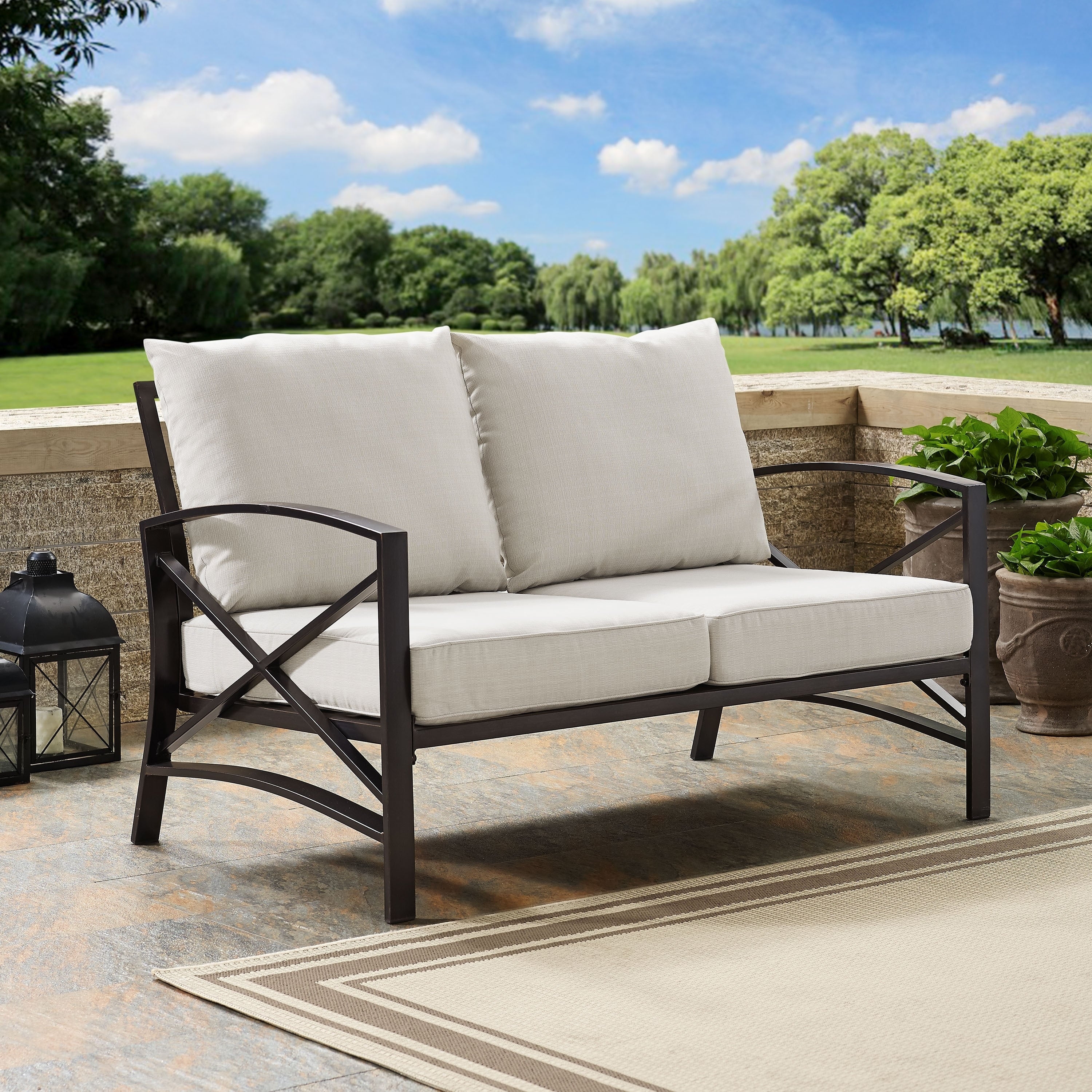Kaplan Loveseat In Oiled Bronze With Oatmeal Universal Cushion Cover