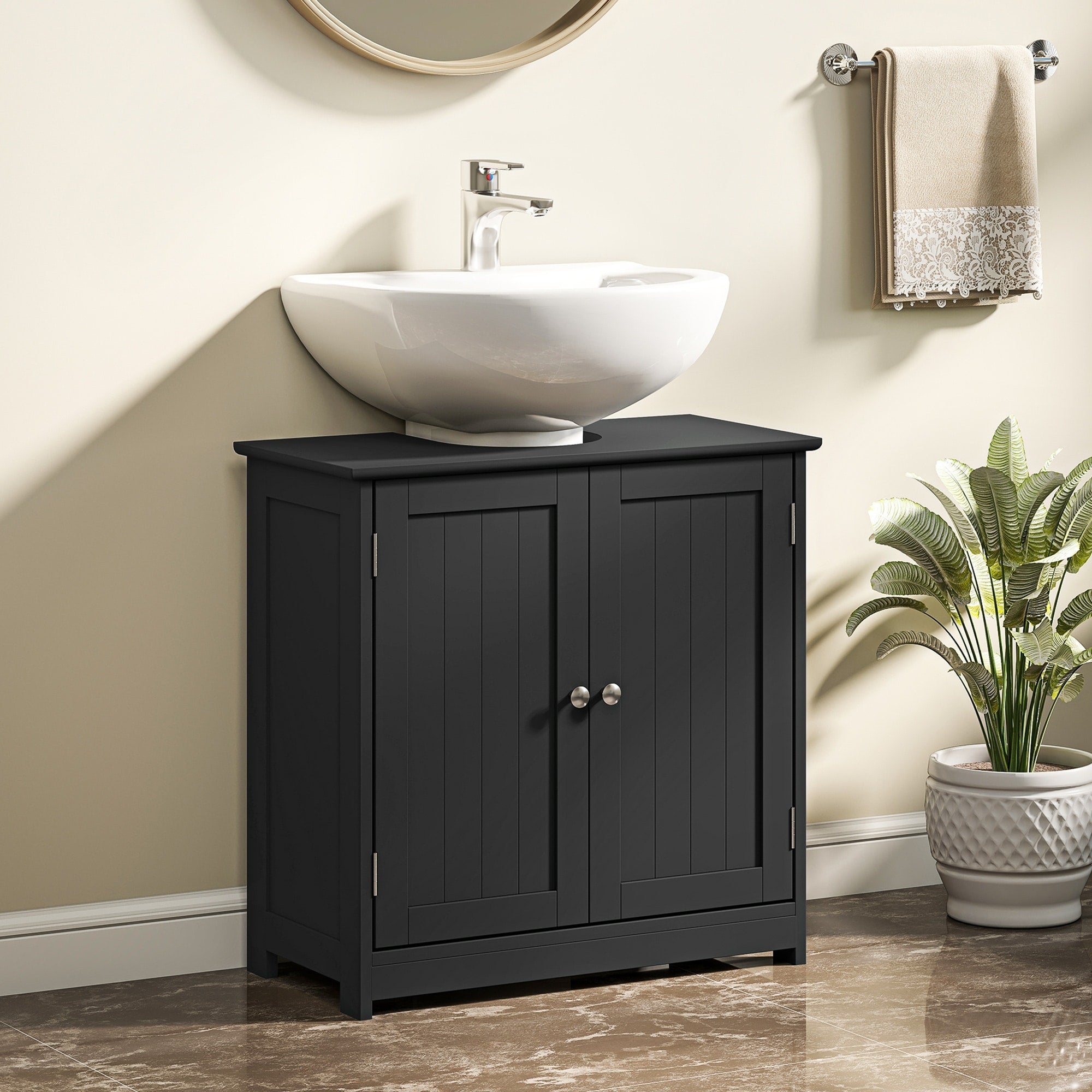 Kleankin 23.5 Pedestal Sink Storage Cabinet Freestanding Bathroom Under Sink Cabinet With U Shape Cut Out Black