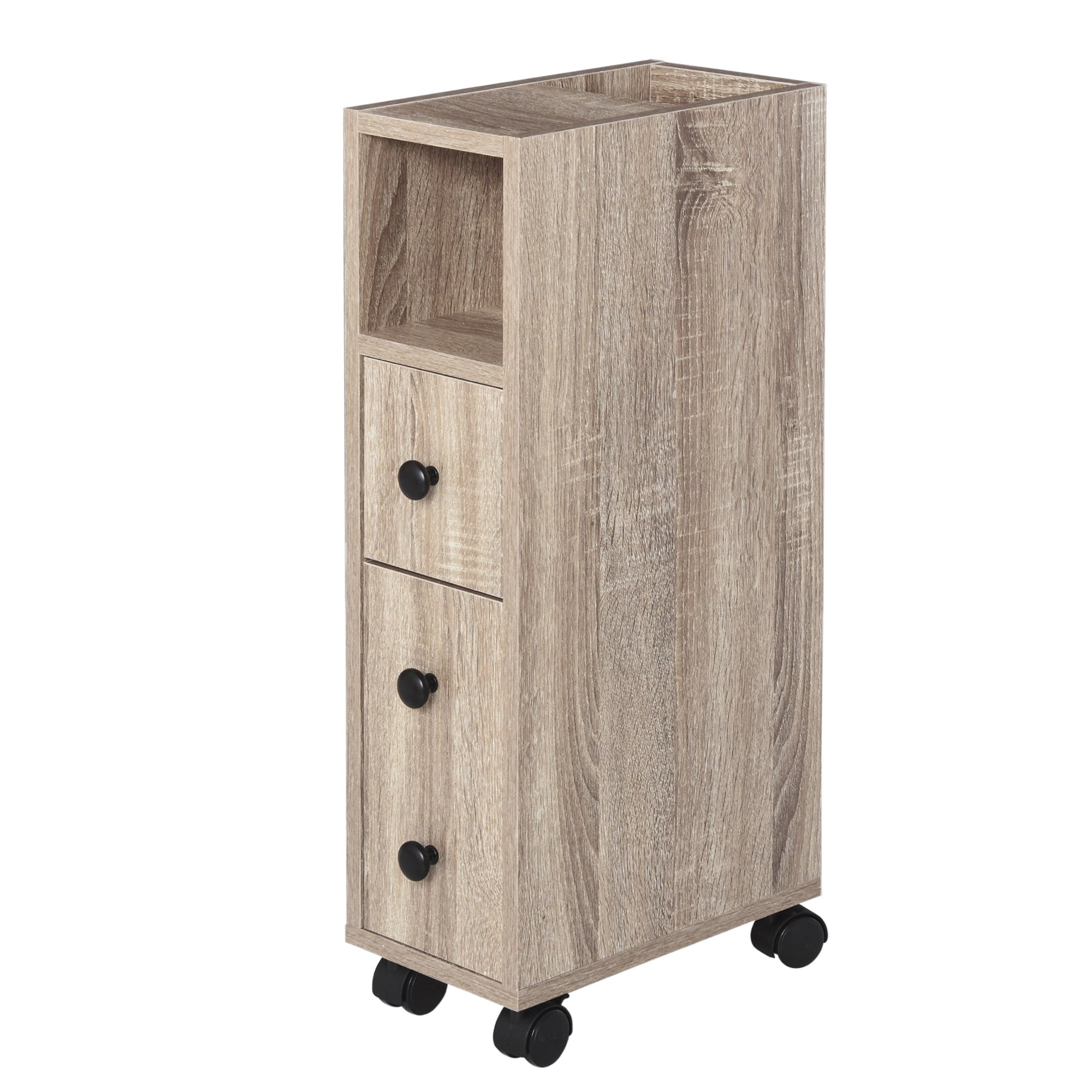 Kleankin Freestanding Compact Design Bathroom Cabinet With 2 Open Cabinets 1 Door Cabinet 1 Drawer And 4 Rolling Wheels