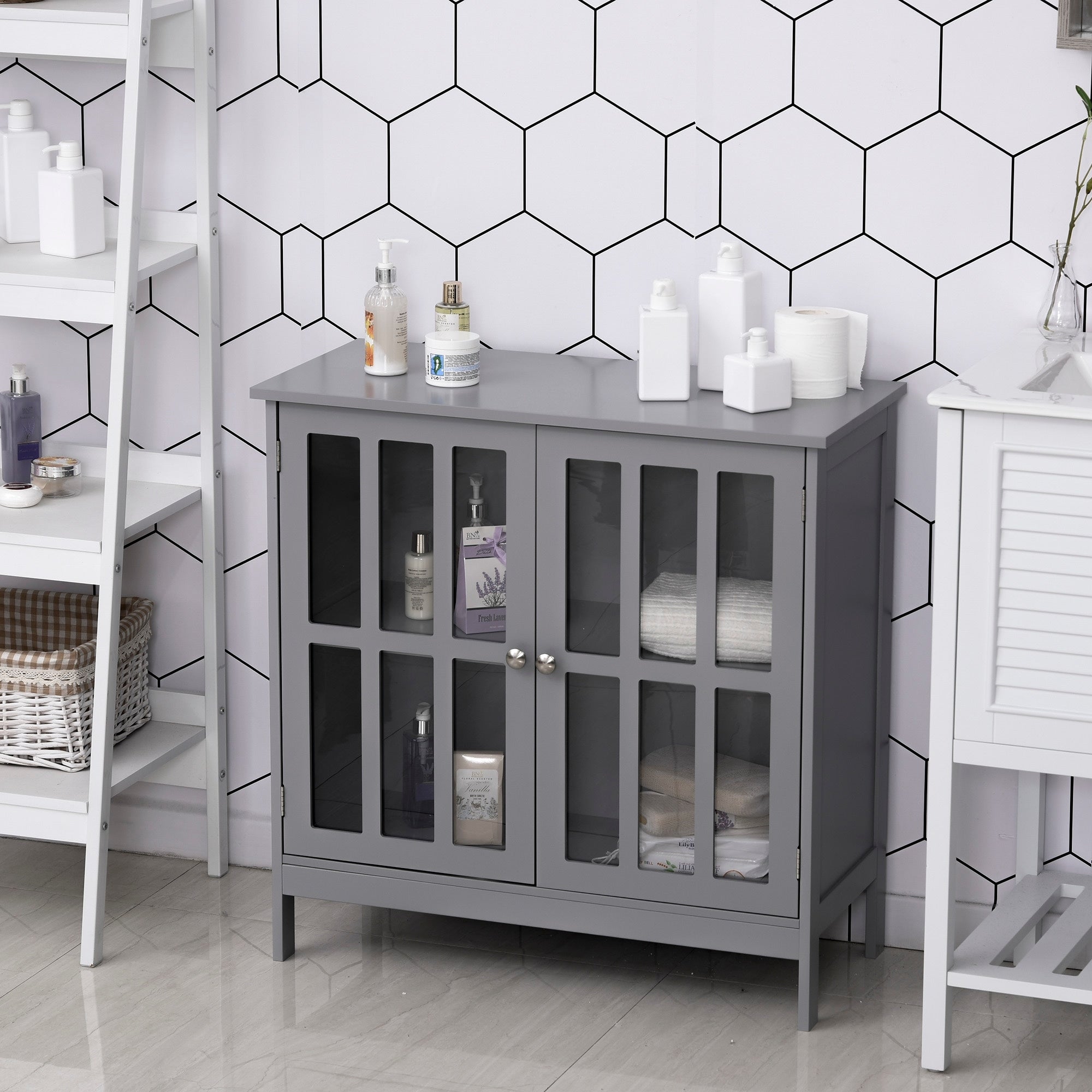 Kleankin Multifunctional Bathroom Storage Cabinet Organizer Tower With Door And Shelves For Bathroom Living Room Grey