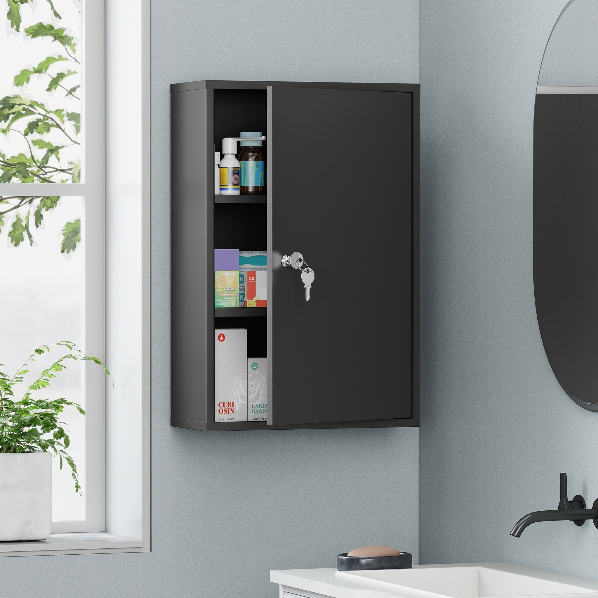Kleankin Steel Wall Mount Medicine Cabinet 3 Tier Emergency Box For Bathroom Kitchen Black