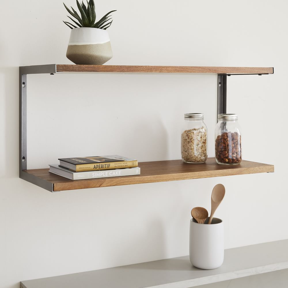L-Beam 2-Tier Industrial Wood & Metal Wall Shelf