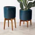 Mid-Century Turned Wood Planters - Dark Teal