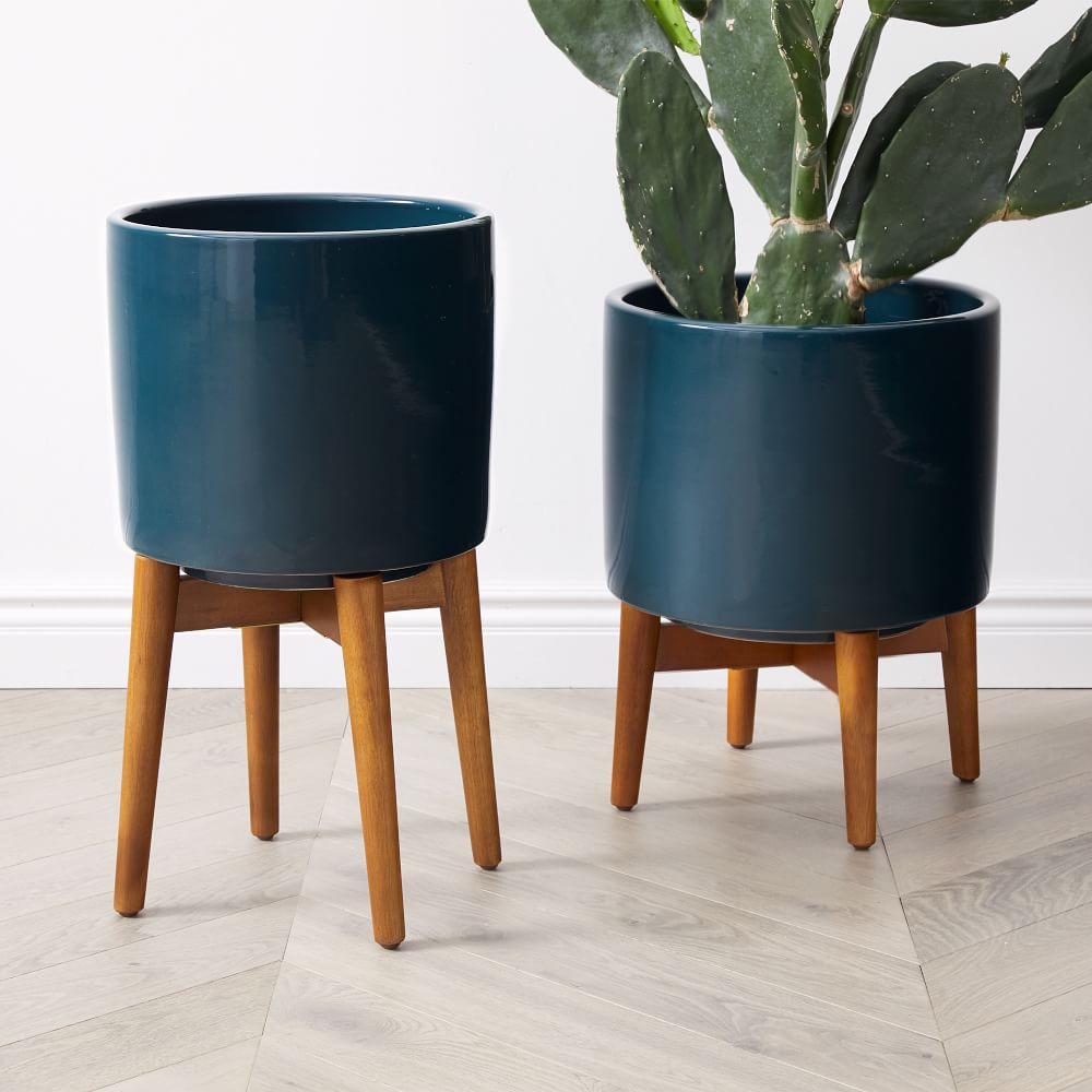 Mid-Century Turned Wood Planters - Dark Teal