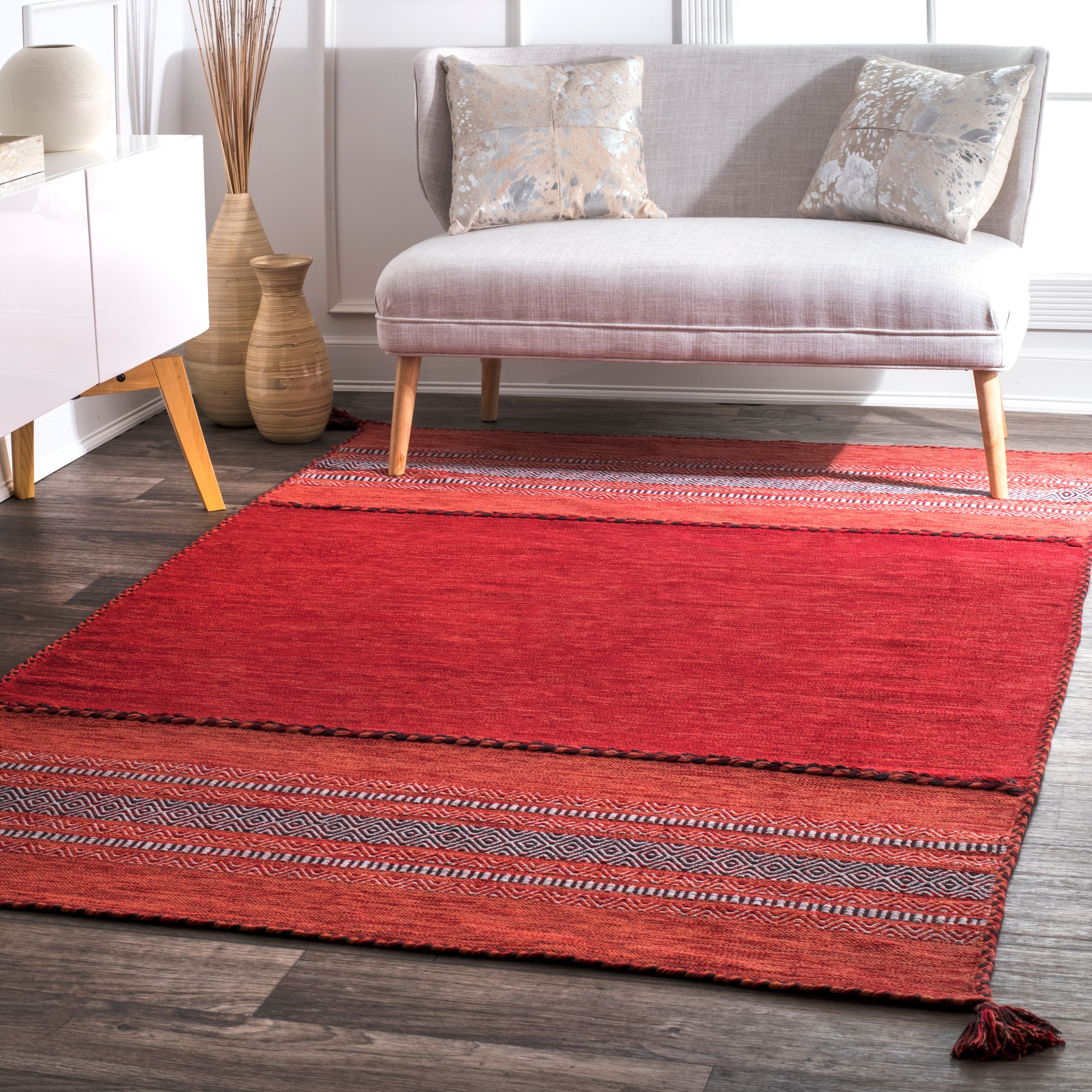 Nuloom Contemporary Flatweave Handmade Diamond Bands Solid Red Rug 5 X 8 5 X 8