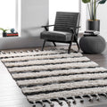 Nuloom Ivory Handmade Wool Cotton Geo Striped Shaggy Area Rug 5 X 8